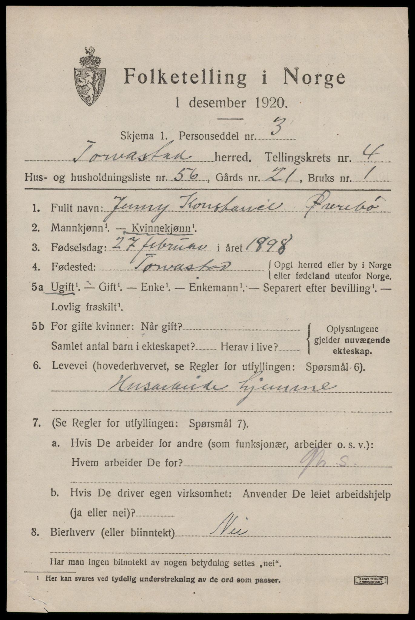 SAST, 1920 census for Torvastad, 1920, p. 4272