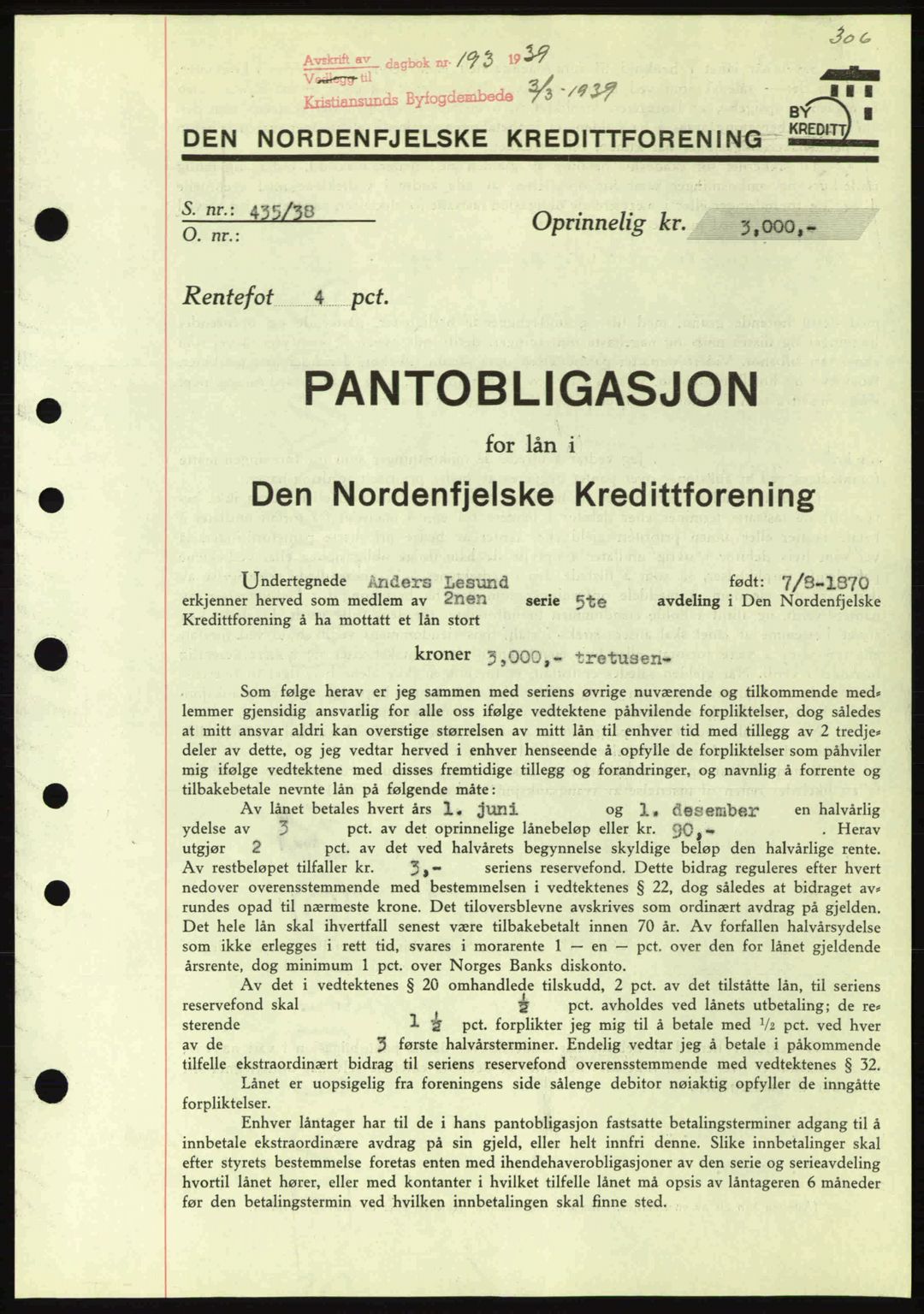 Kristiansund byfogd, SAT/A-4587/A/27: Mortgage book no. 31, 1938-1939, Diary no: : 193/1939