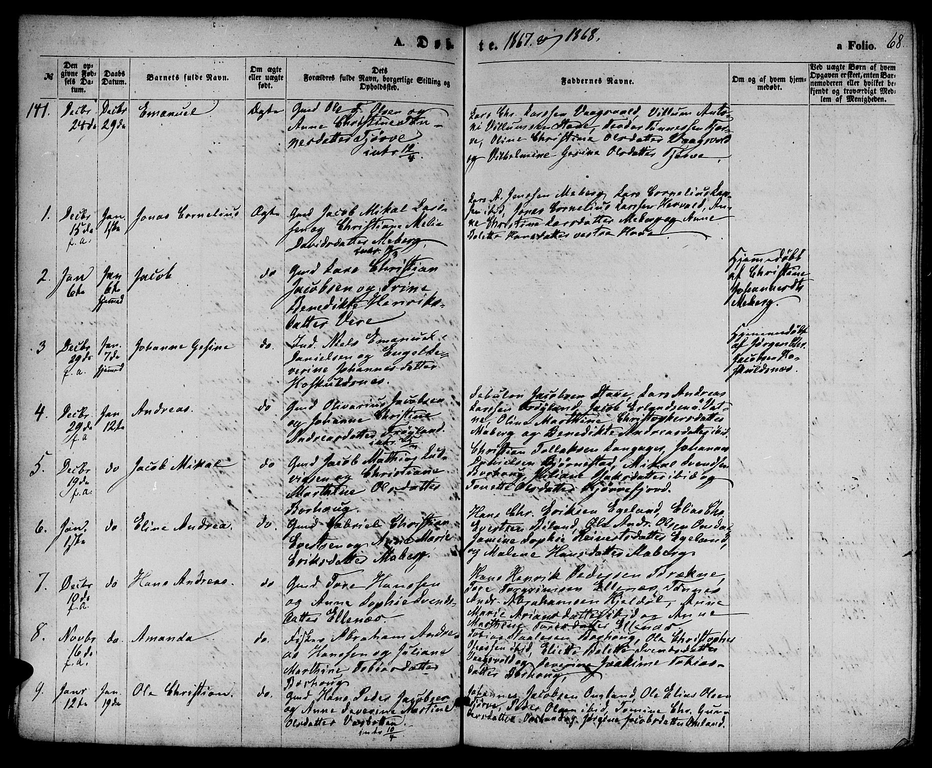 Lista sokneprestkontor, AV/SAK-1111-0027/F/Fb/L0003: Parish register (copy) no. B 3, 1862-1877, p. 68