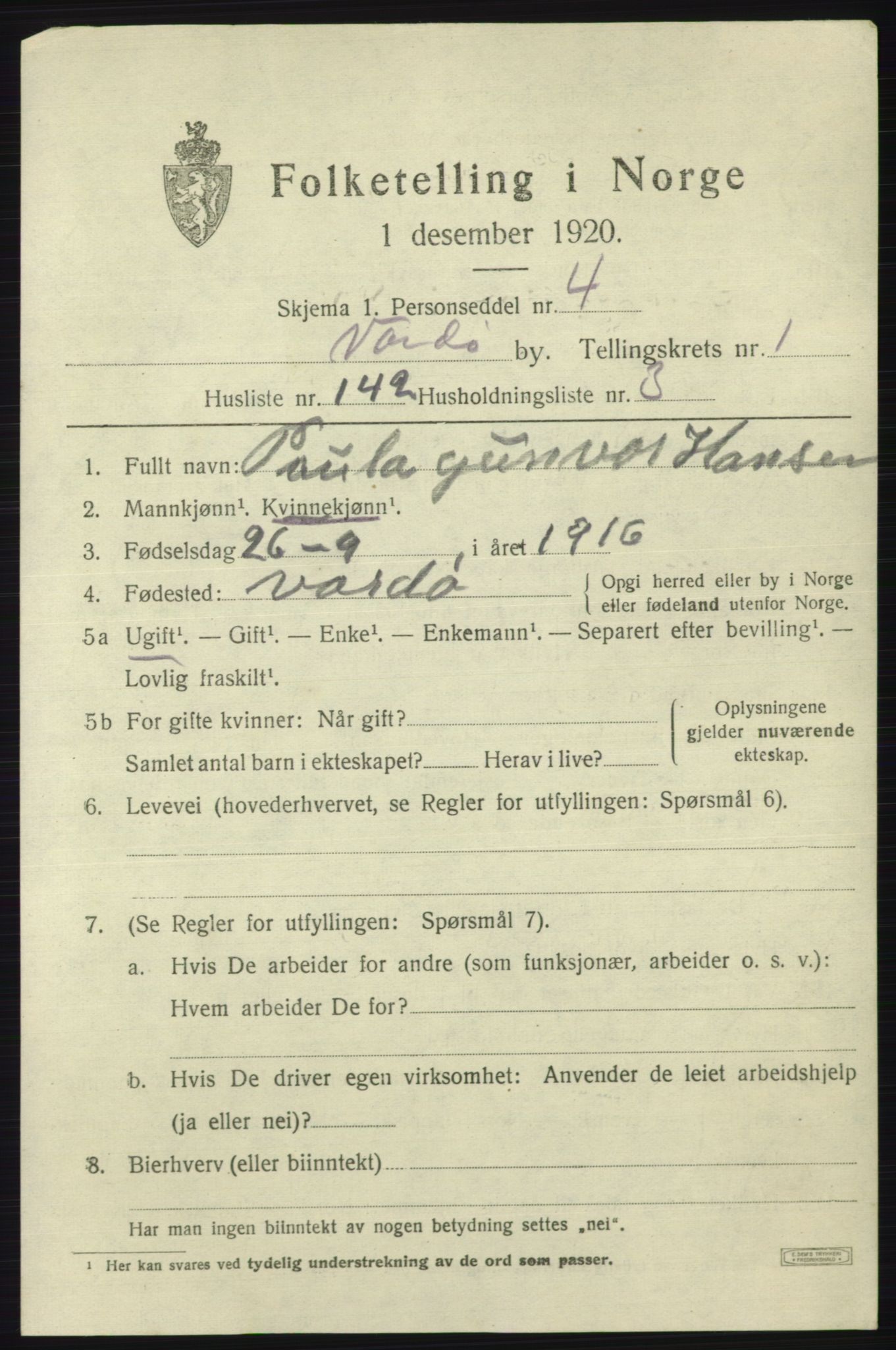 SATØ, 1920 census for Vardø, 1920, p. 4928