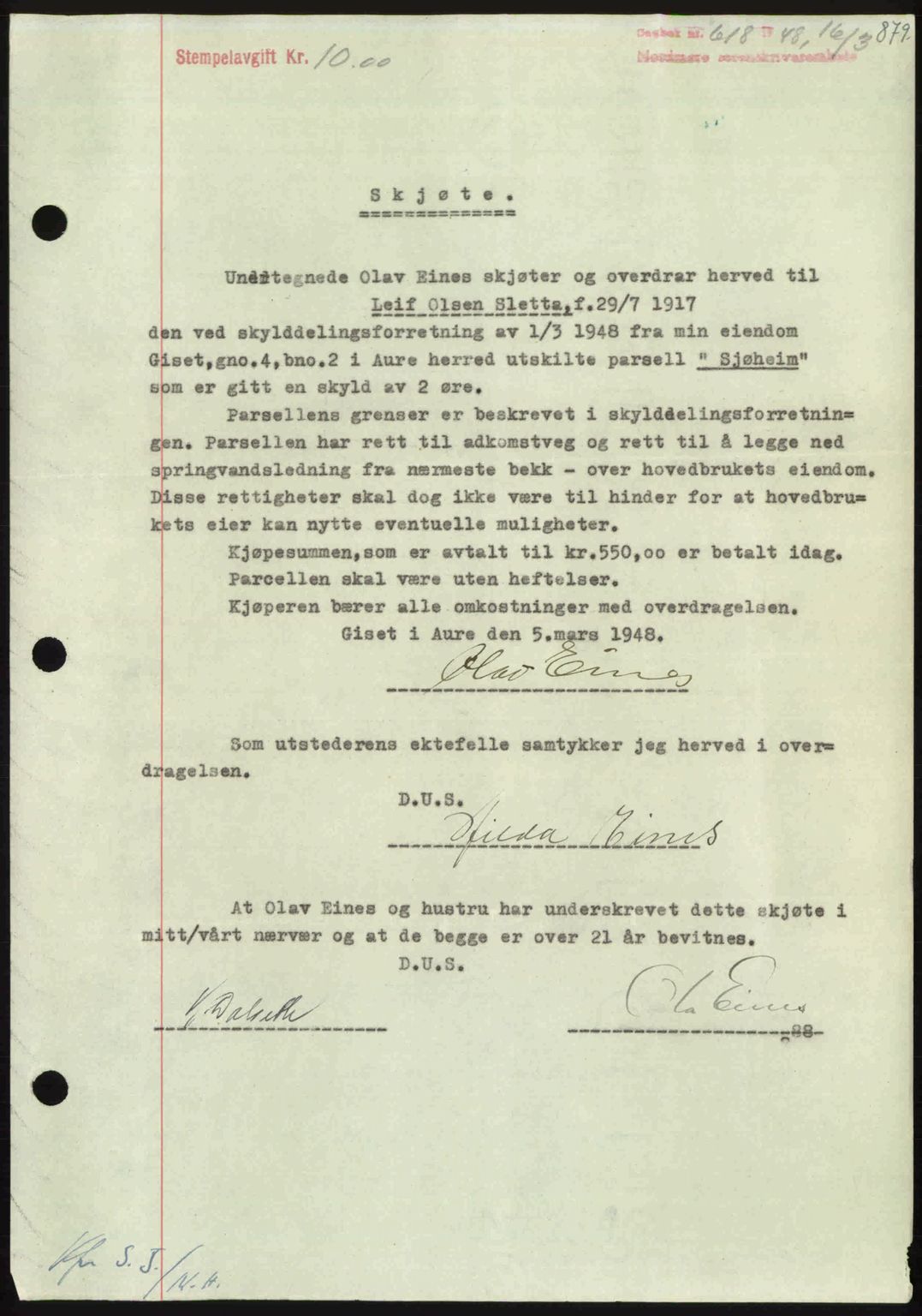 Nordmøre sorenskriveri, AV/SAT-A-4132/1/2/2Ca: Mortgage book no. A107, 1947-1948, Diary no: : 618/1948