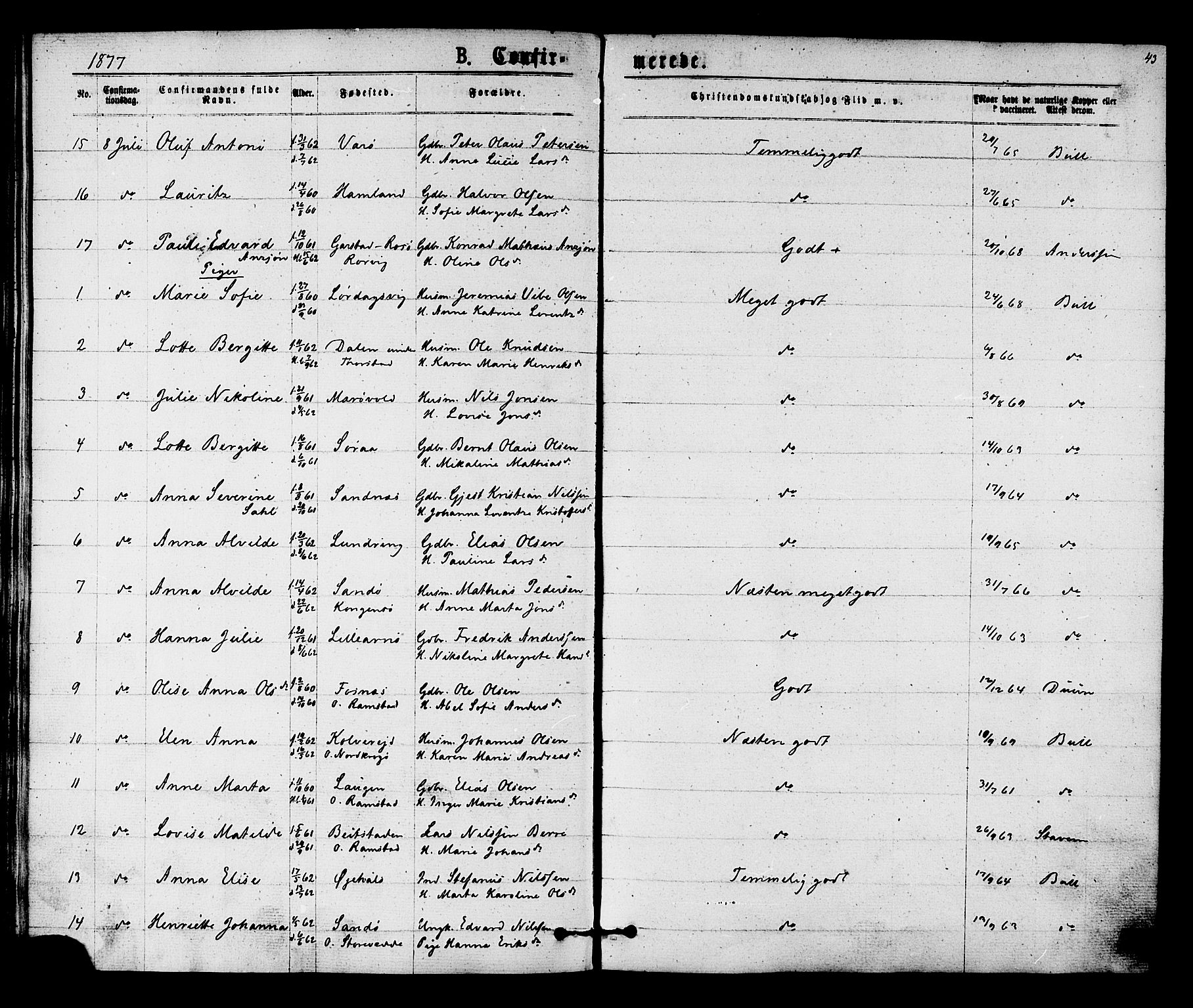 Ministerialprotokoller, klokkerbøker og fødselsregistre - Nord-Trøndelag, SAT/A-1458/784/L0671: Parish register (official) no. 784A06, 1876-1879, p. 43