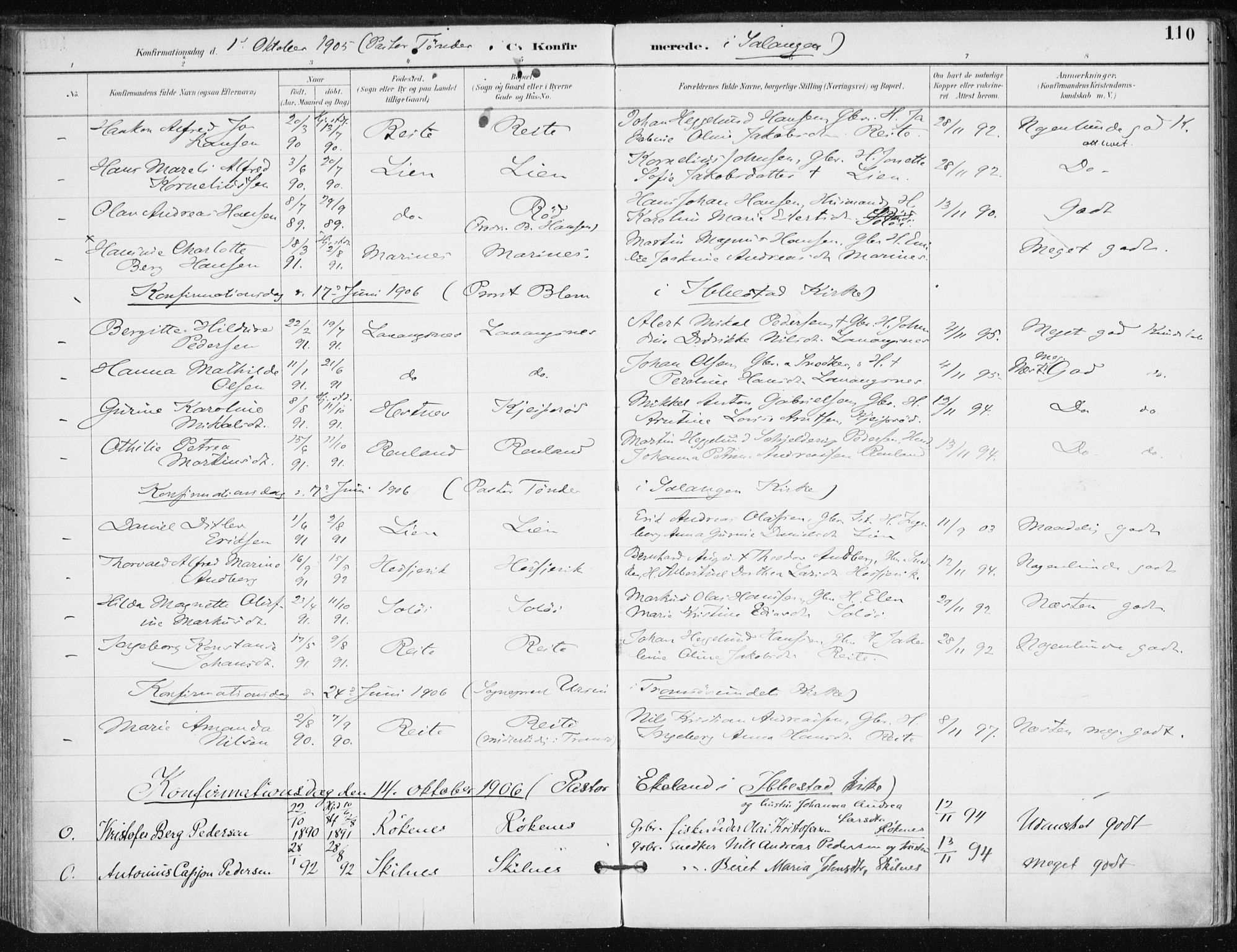 Salangen sokneprestembete, SATØ/S-1324/H/Ha/L0001kirke: Parish register (official) no. 1, 1893-1911, p. 110