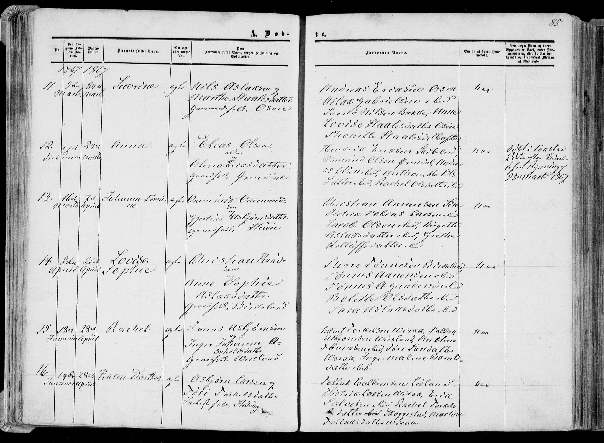 Bakke sokneprestkontor, AV/SAK-1111-0002/F/Fa/Faa/L0006: Parish register (official) no. A 6, 1855-1877, p. 85