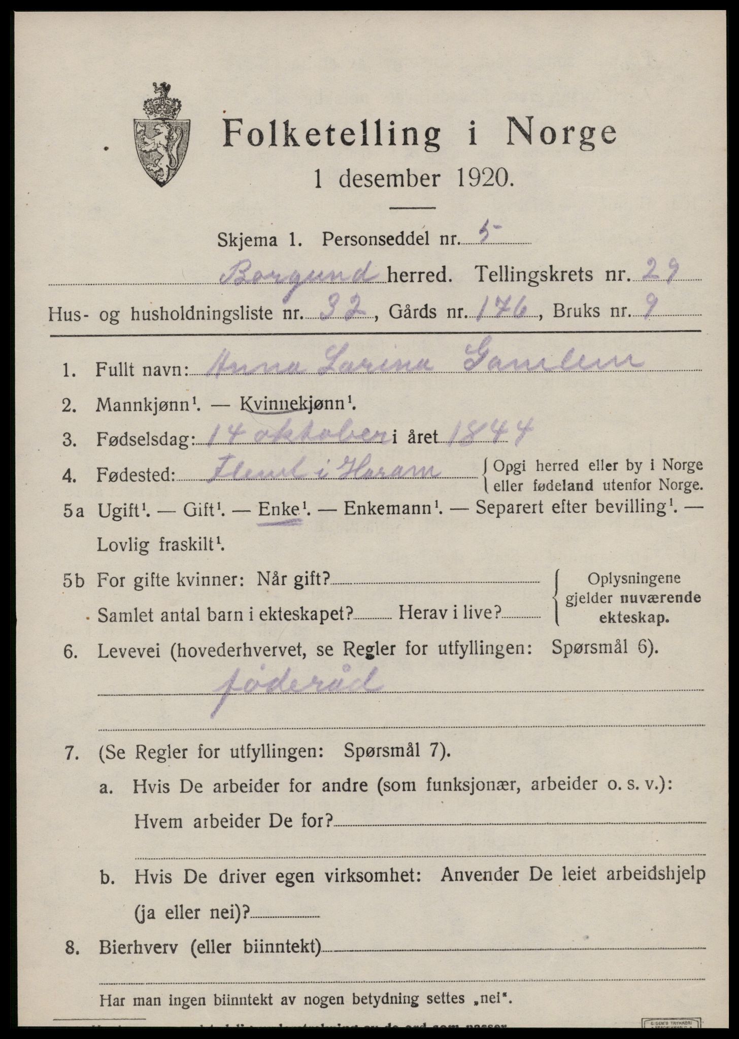 SAT, 1920 census for Borgund, 1920, p. 19004