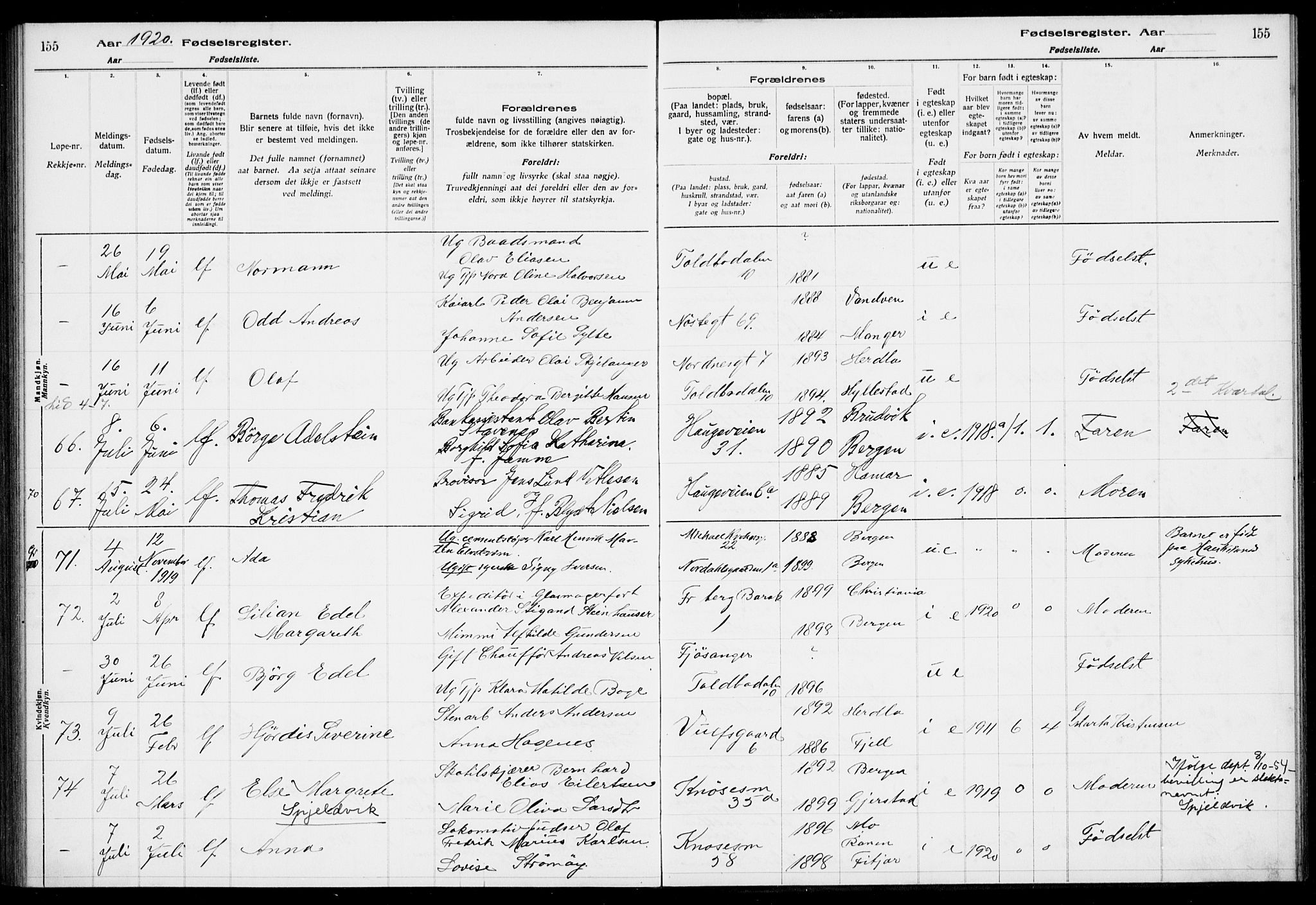 Nykirken Sokneprestembete, AV/SAB-A-77101/I/Id/L00A1: Birth register no. A 1, 1916-1922, p. 155