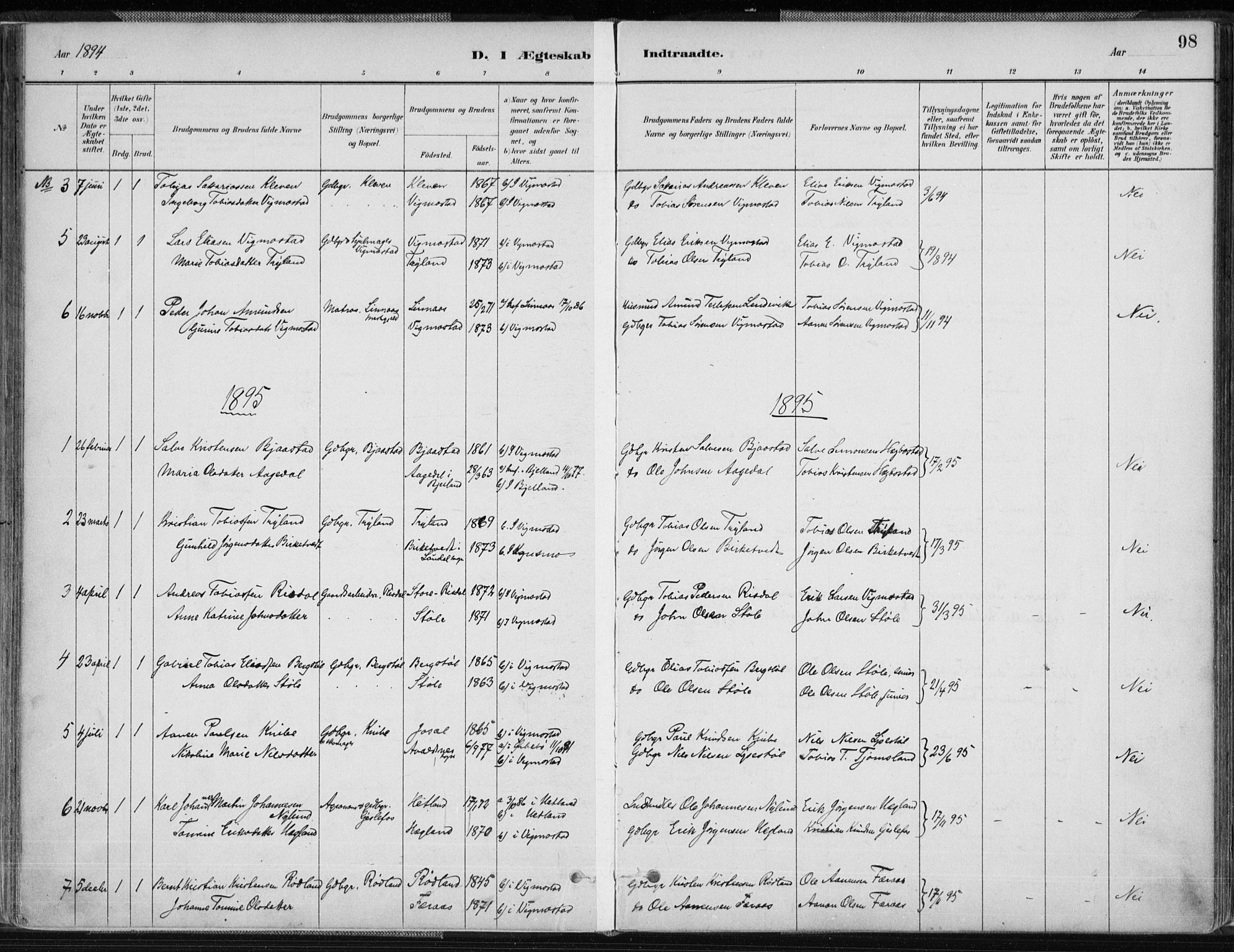 Nord-Audnedal sokneprestkontor, AV/SAK-1111-0032/F/Fa/Fab/L0003: Parish register (official) no. A 3, 1882-1900, p. 98