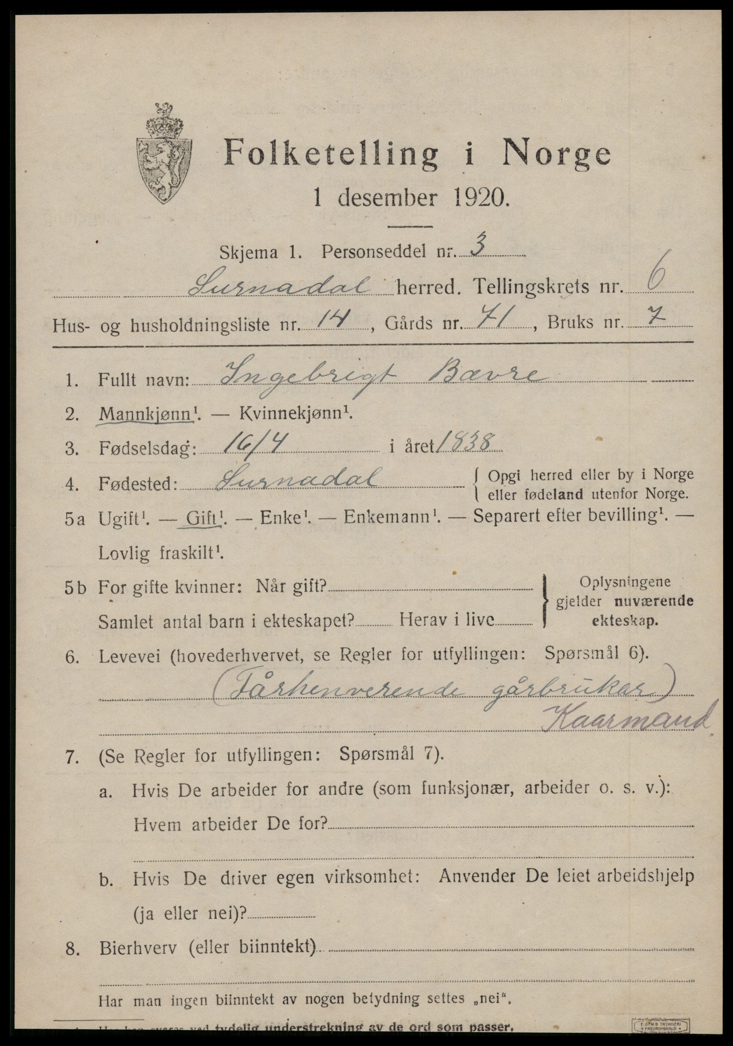 SAT, 1920 census for Surnadal, 1920, p. 4443