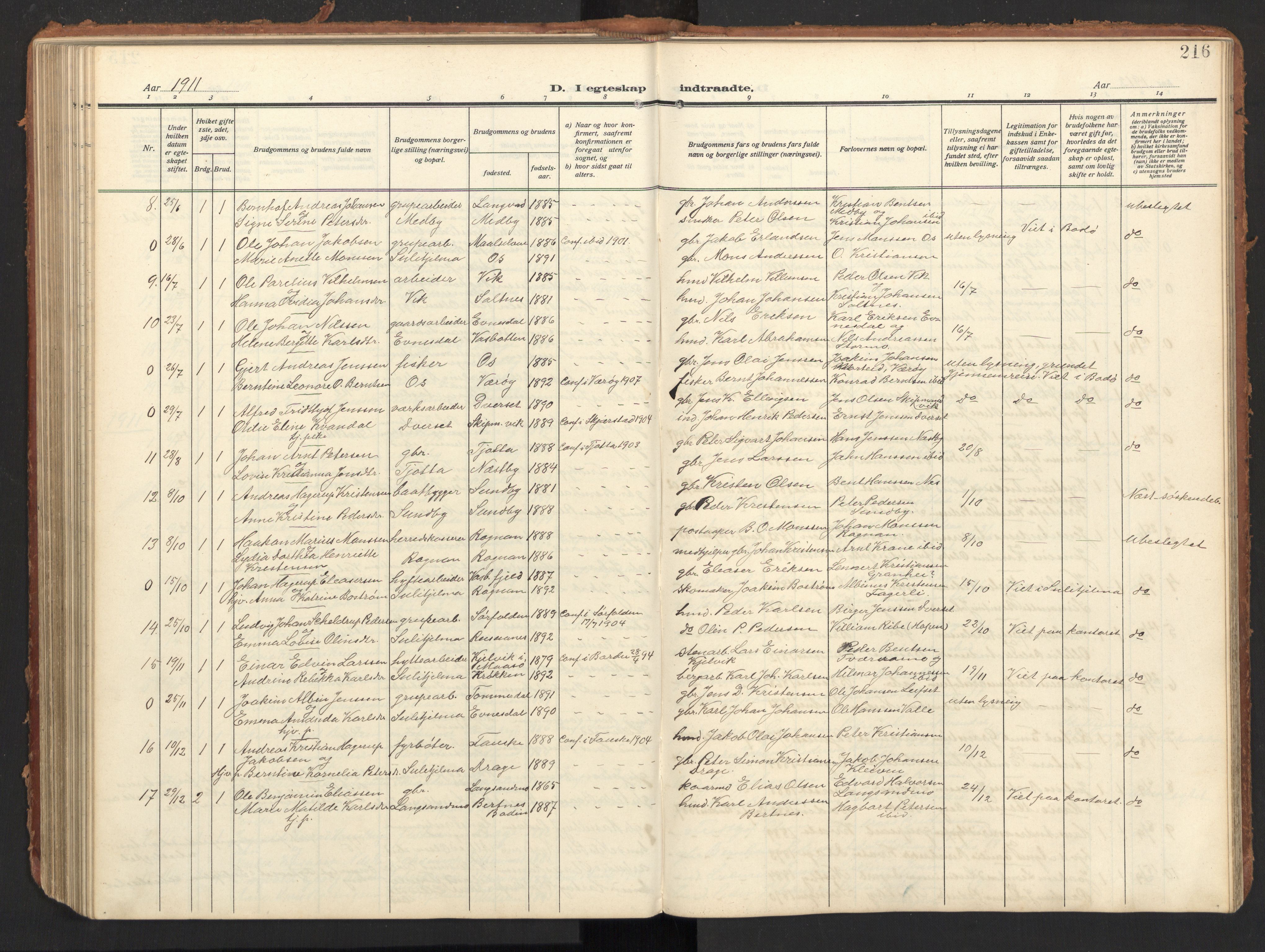 Ministerialprotokoller, klokkerbøker og fødselsregistre - Nordland, SAT/A-1459/847/L0683: Parish register (copy) no. 847C11, 1908-1929, p. 216