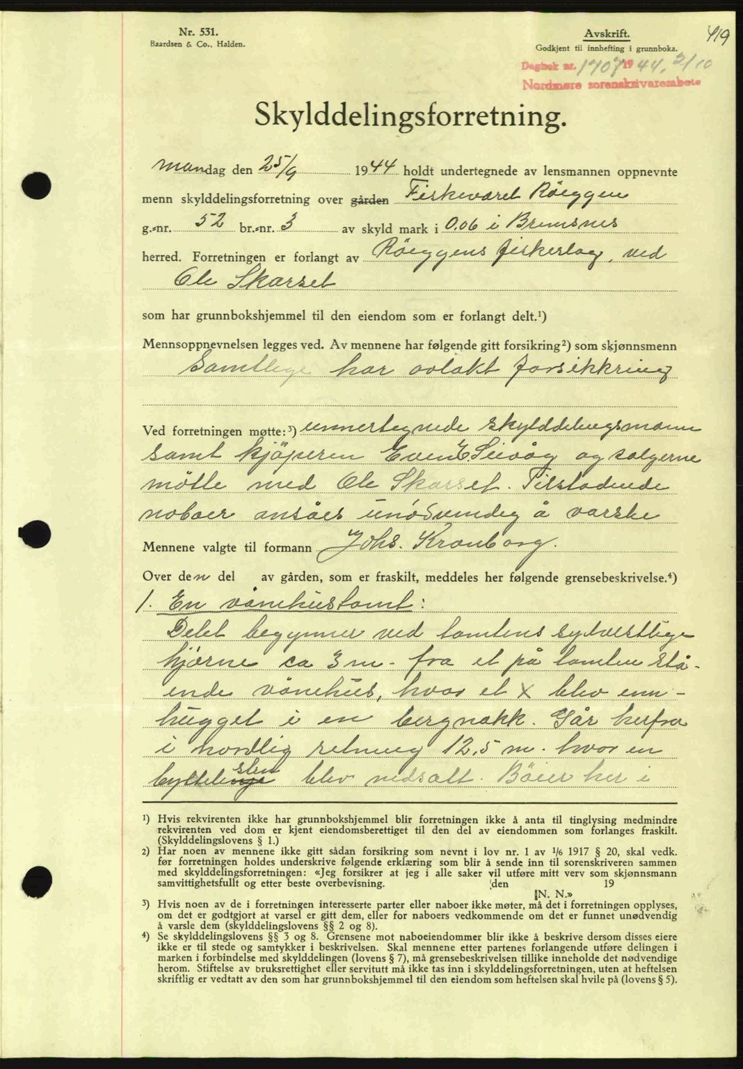 Nordmøre sorenskriveri, AV/SAT-A-4132/1/2/2Ca: Mortgage book no. A98, 1944-1944, Diary no: : 1707/1944