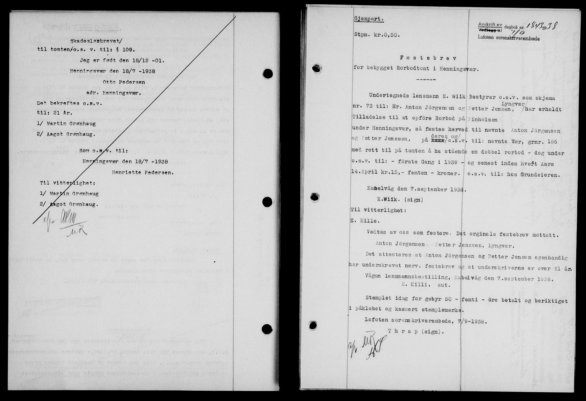 Lofoten sorenskriveri, SAT/A-0017/1/2/2C/L0004a: Mortgage book no. 4a, 1938-1938, Diary no: : 1843/1938