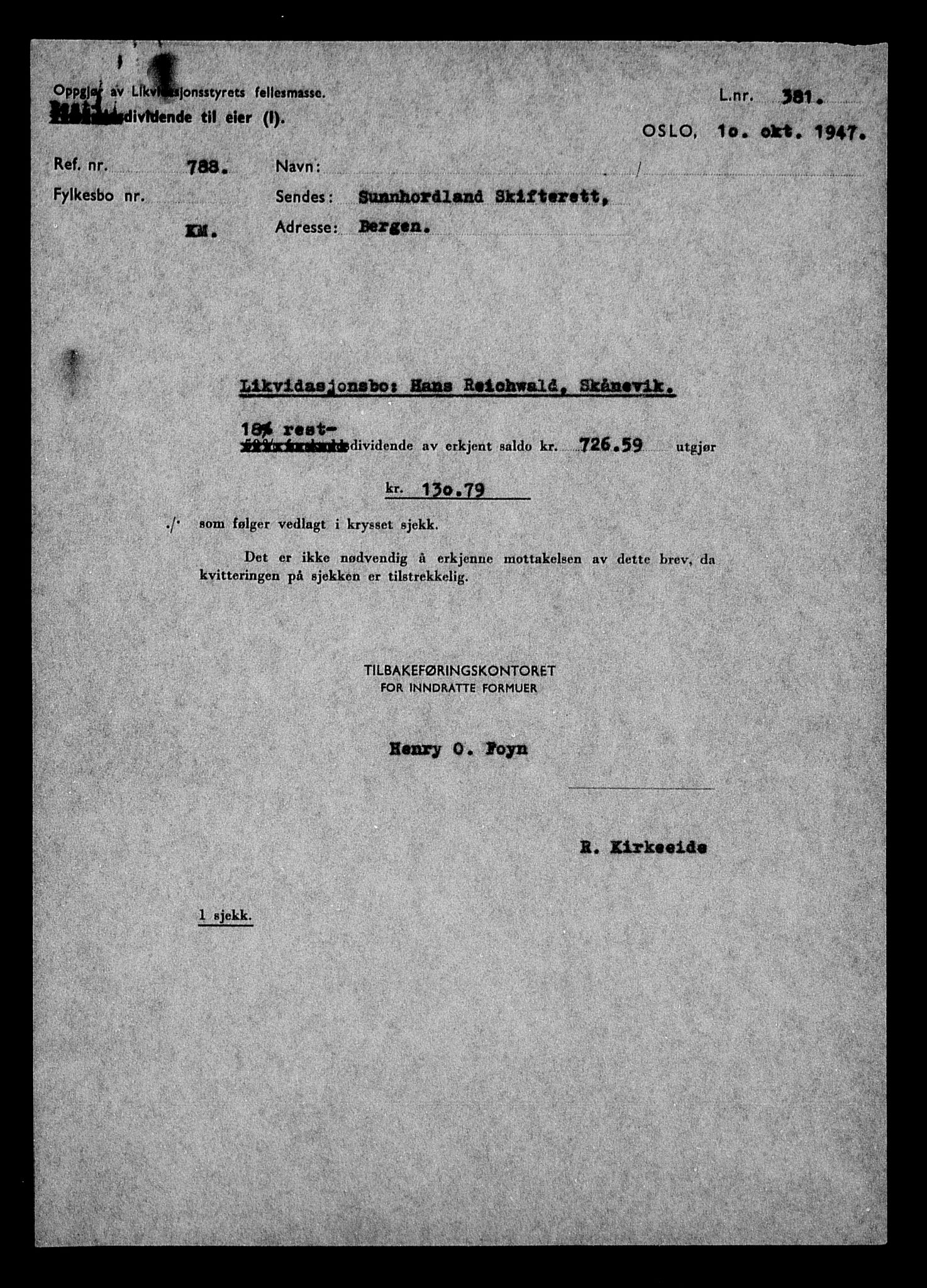 Justisdepartementet, Tilbakeføringskontoret for inndratte formuer, AV/RA-S-1564/H/Hc/Hcd/L1004: --, 1945-1947, p. 499