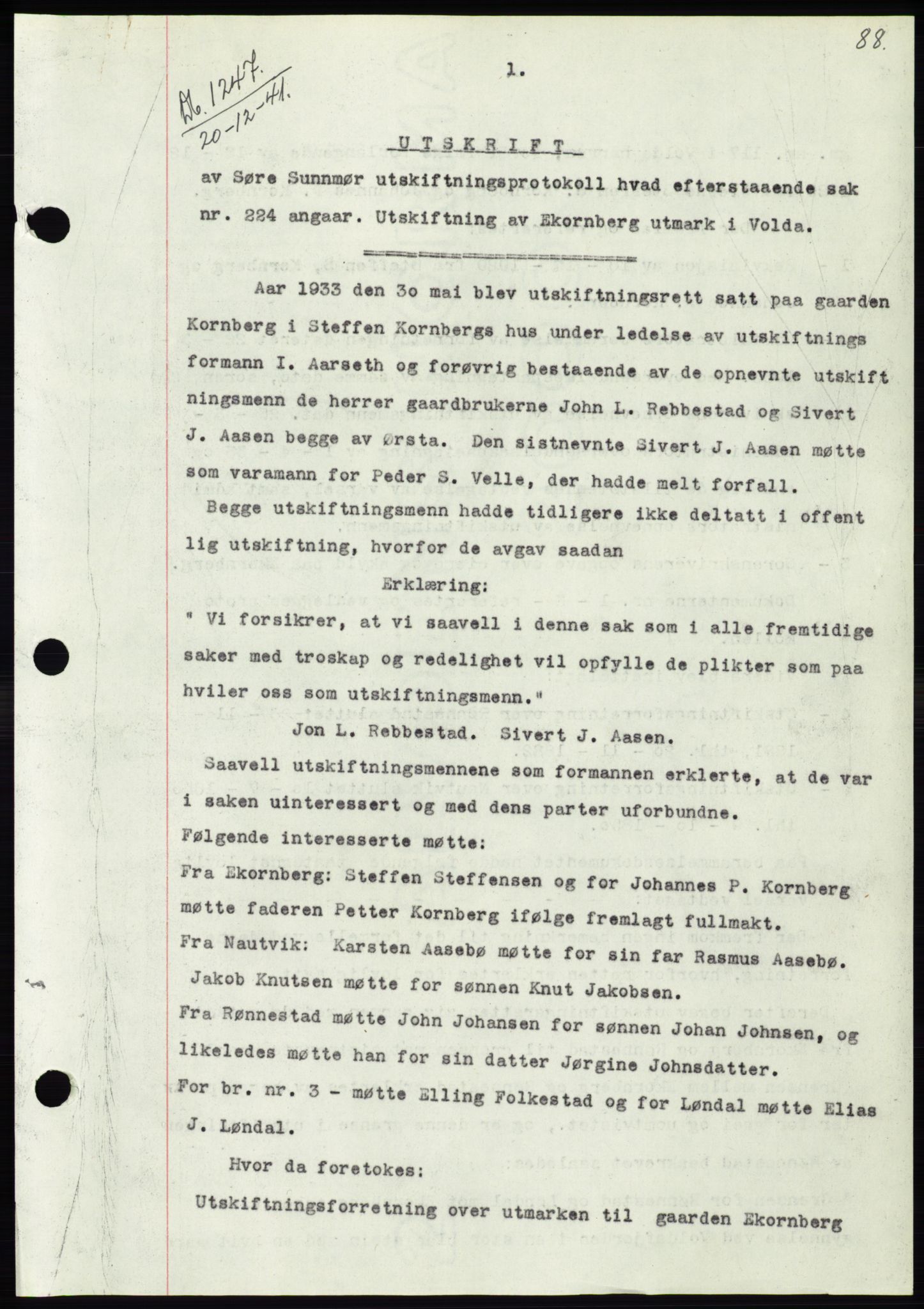 Søre Sunnmøre sorenskriveri, AV/SAT-A-4122/1/2/2C/L0073: Mortgage book no. 67, 1941-1942, Diary no: : 1247/1941