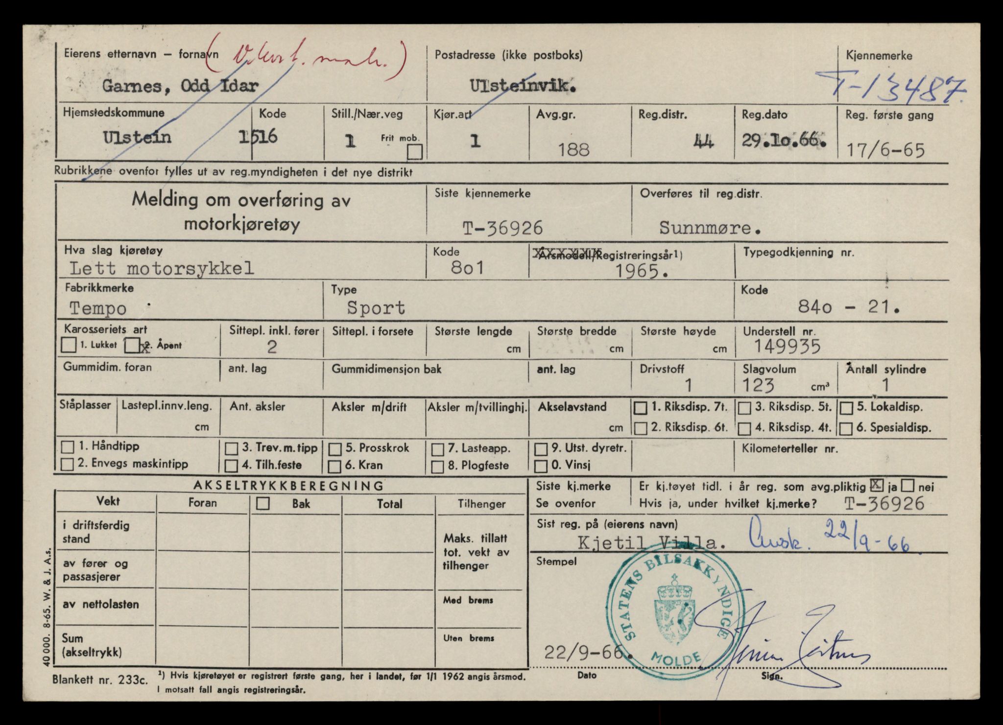 Møre og Romsdal vegkontor - Ålesund trafikkstasjon, AV/SAT-A-4099/F/Fe/L0039: Registreringskort for kjøretøy T 13361 - T 13530, 1927-1998, p. 2199
