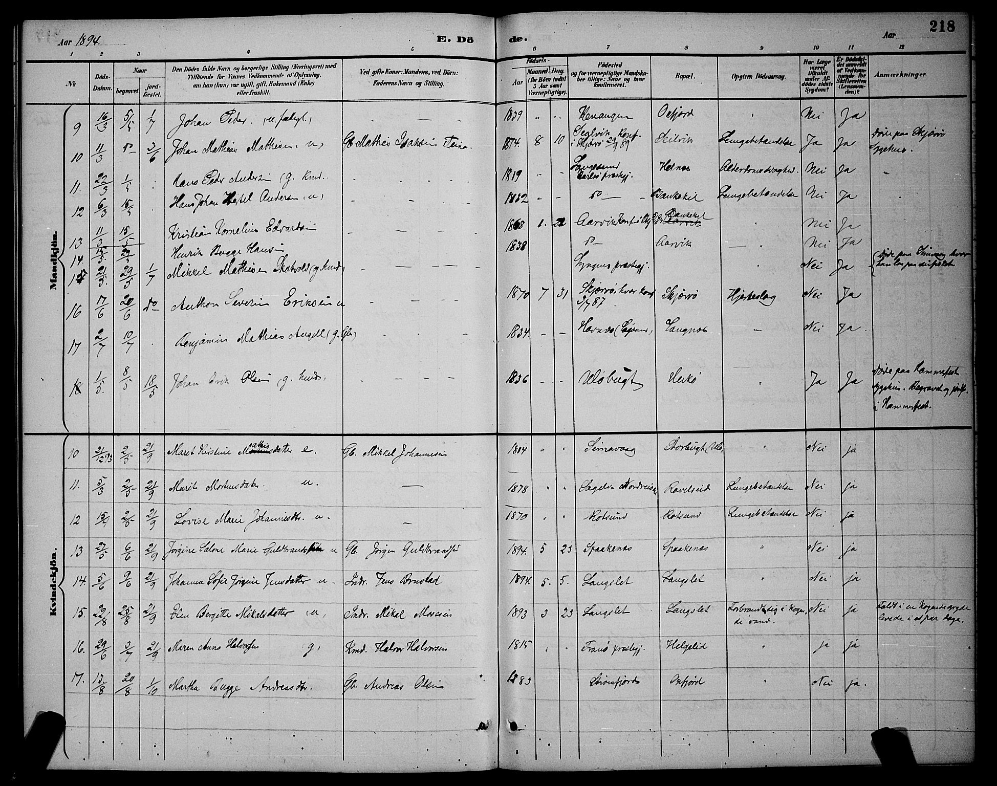 Skjervøy sokneprestkontor, AV/SATØ-S-1300/H/Ha/Hab/L0007klokker: Parish register (copy) no. 7, 1889-1899, p. 218