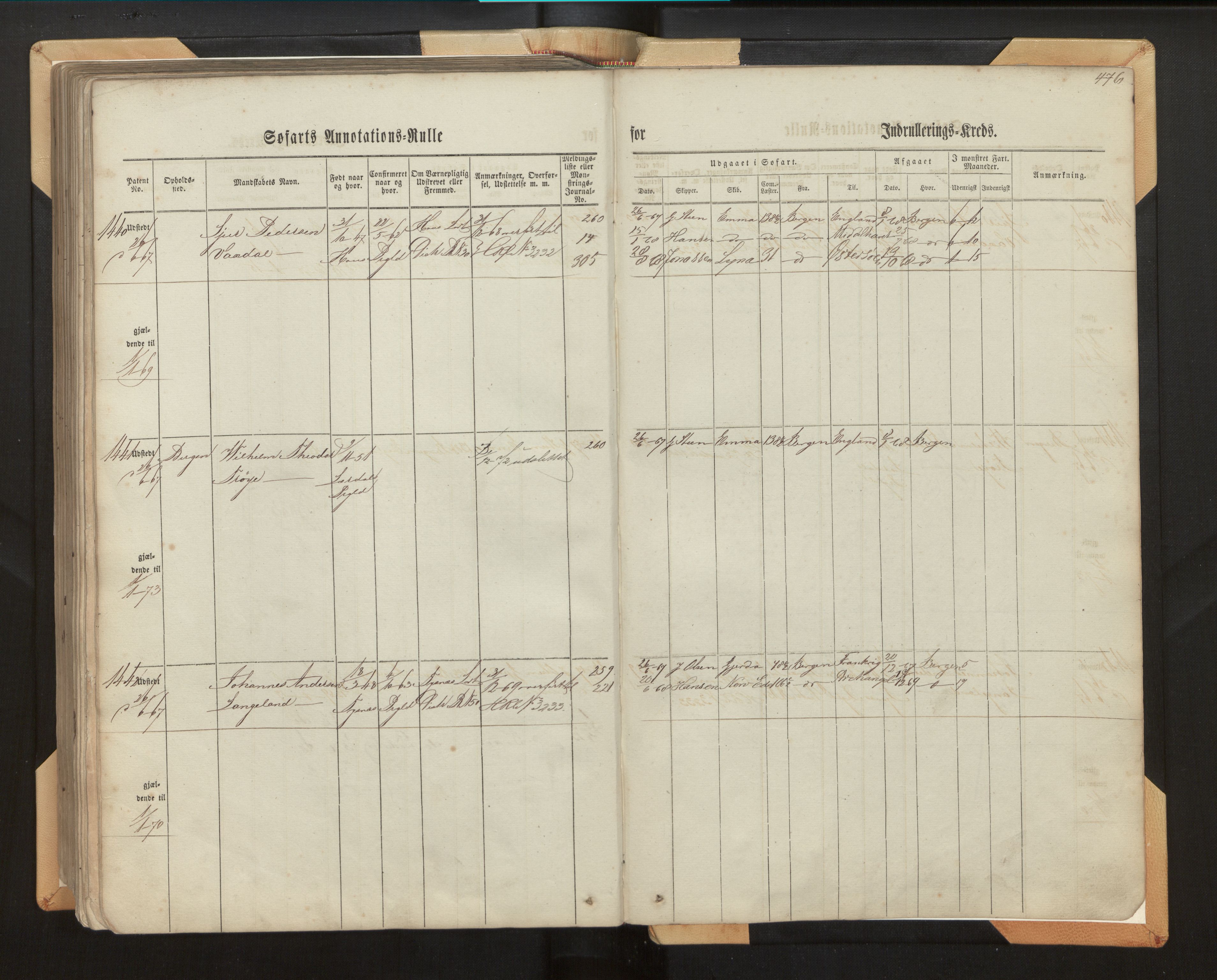 Innrulleringssjefen i Bergen, SAB/A-100050/F/Fh/L0006: Sjøfarts- og annotasjonsrulle for Bergen krets, fol. 239 - ut, 1860-1867, p. 476