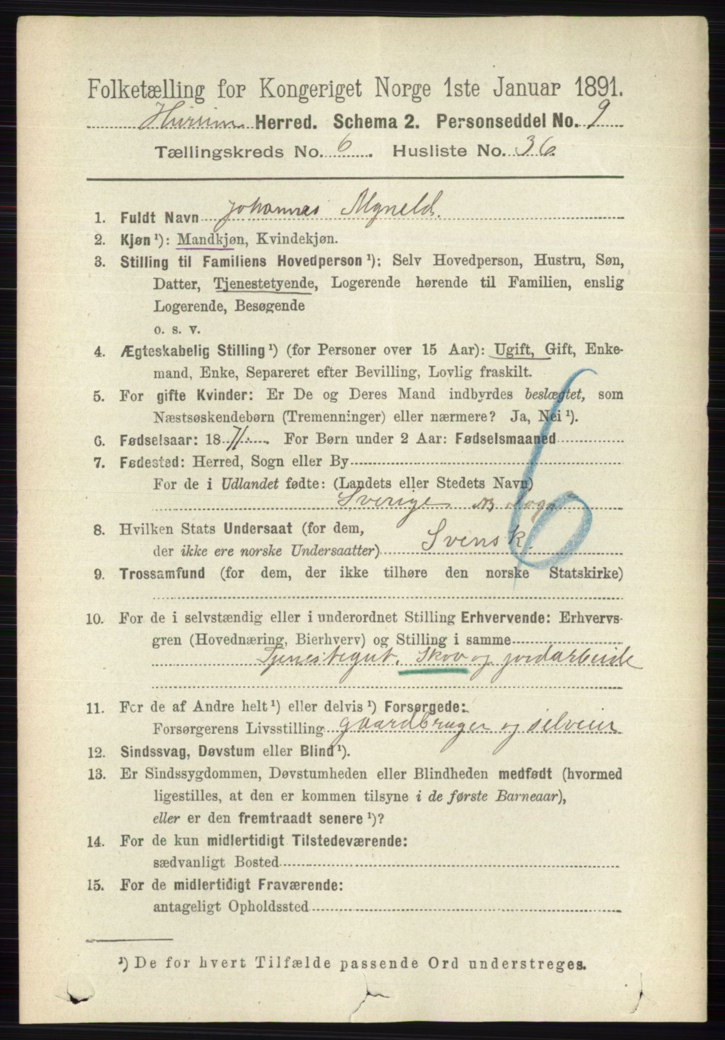 RA, 1891 census for 0628 Hurum, 1891, p. 2206