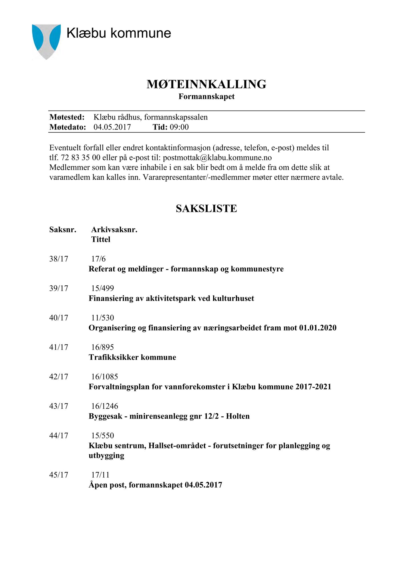 Klæbu Kommune, TRKO/KK/02-FS/L010: Formannsskapet - Møtedokumenter, 2017, p. 1160