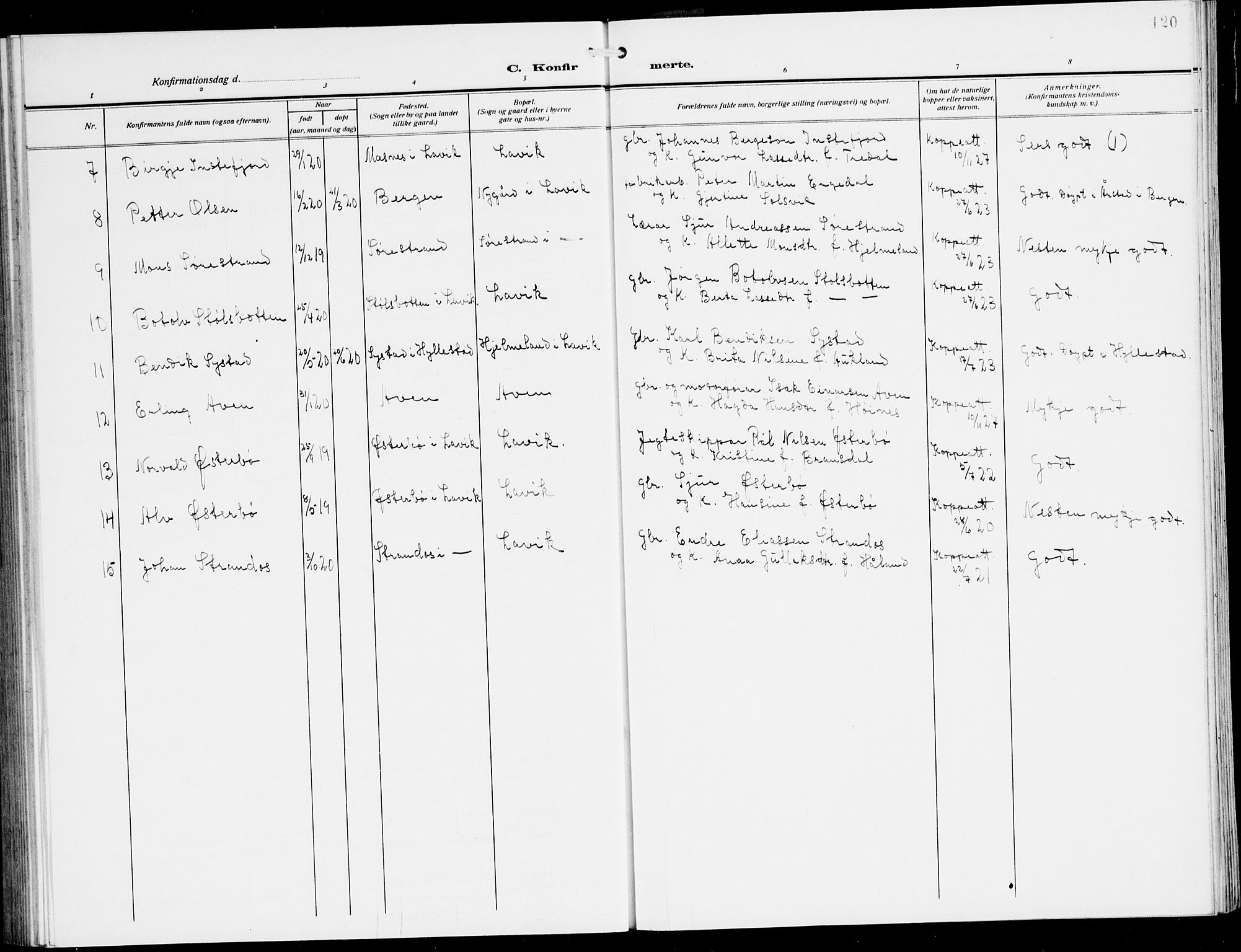 Lavik sokneprestembete, AV/SAB-A-80901: Parish register (copy) no. A 3, 1911-1942, p. 120