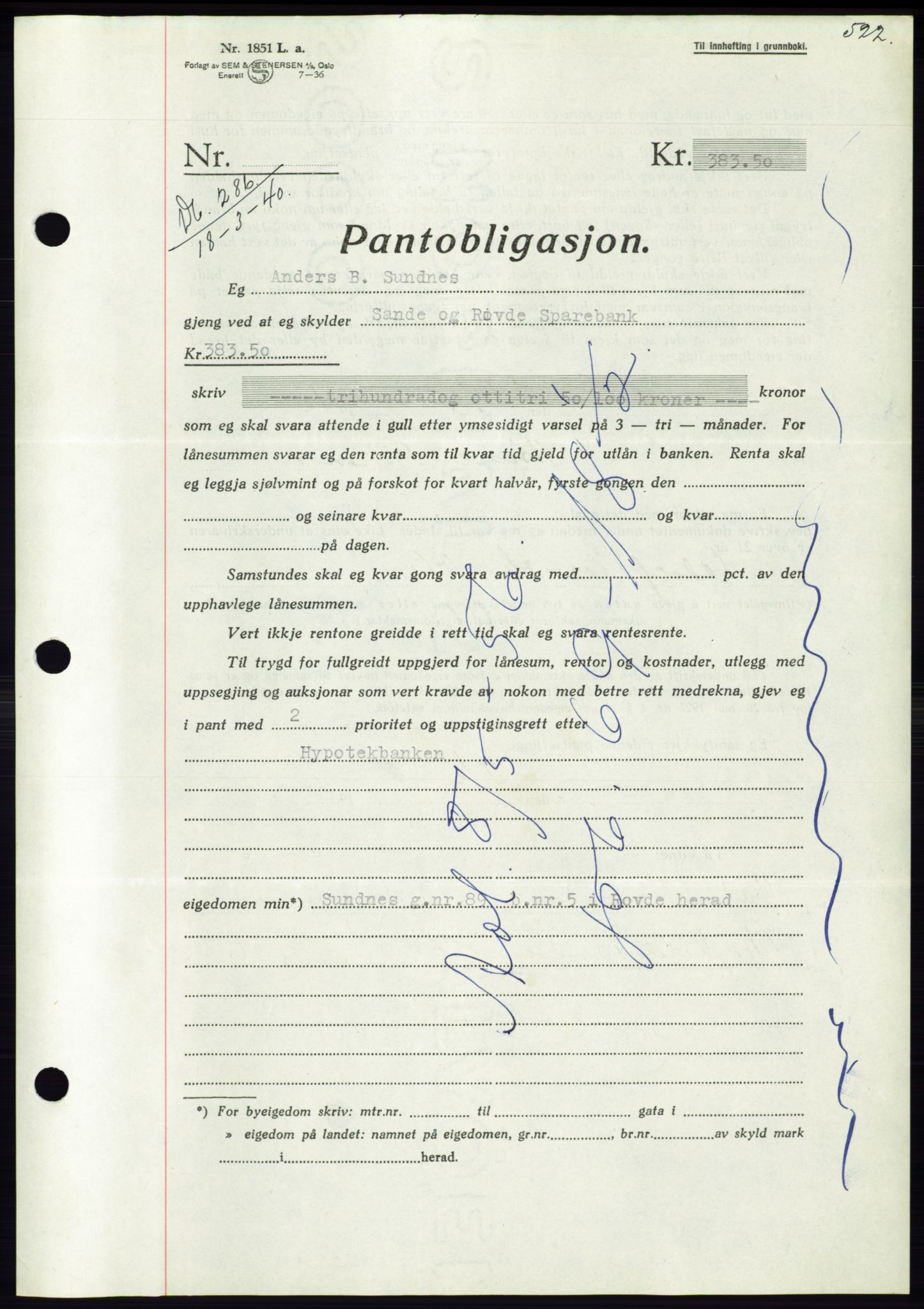 Søre Sunnmøre sorenskriveri, AV/SAT-A-4122/1/2/2C/L0069: Mortgage book no. 63, 1939-1940, Diary no: : 286/1940