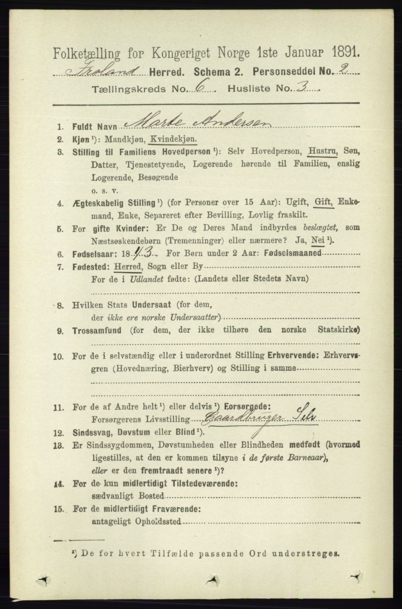 RA, 1891 census for 0919 Froland, 1891, p. 2214