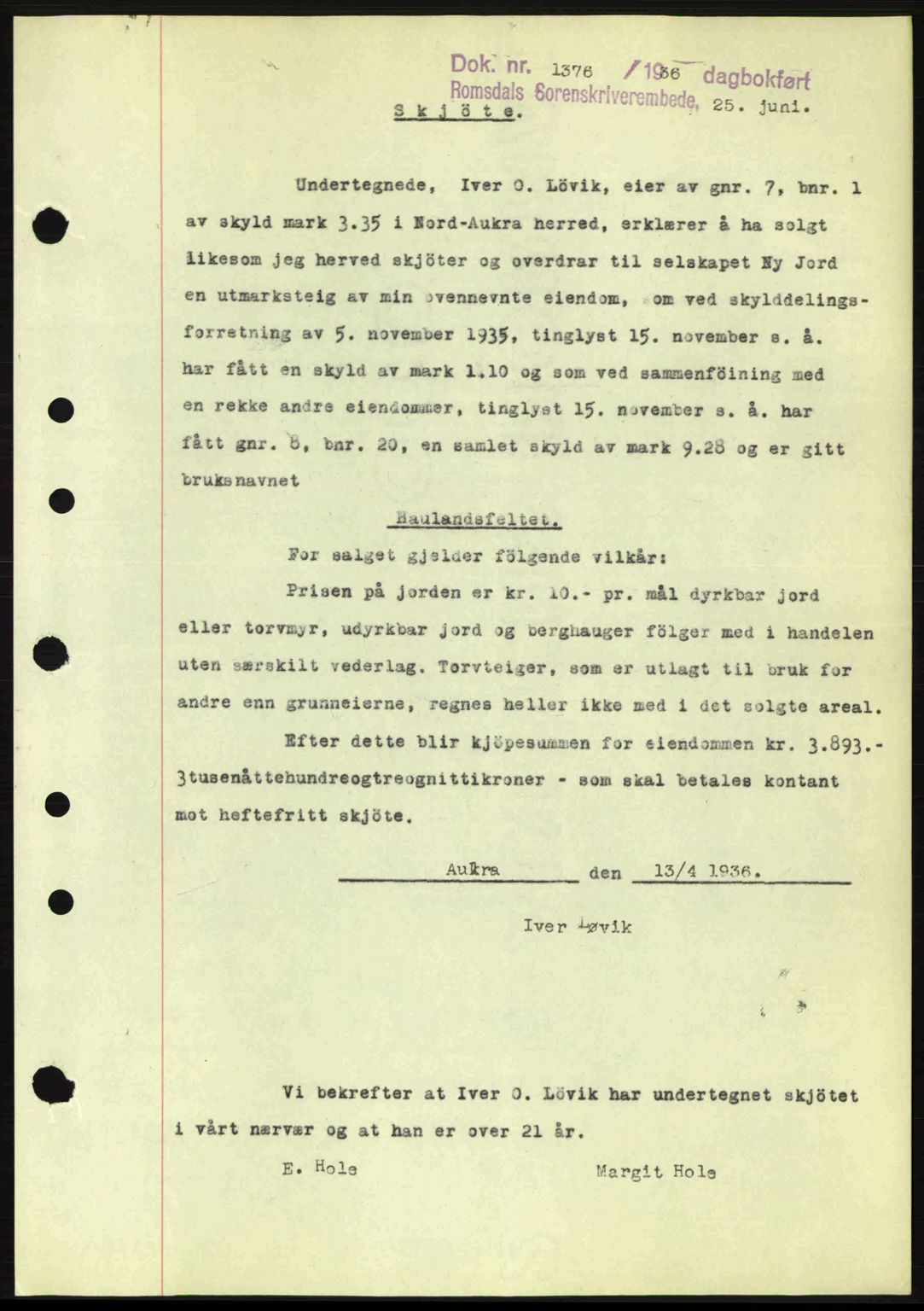 Romsdal sorenskriveri, AV/SAT-A-4149/1/2/2C: Mortgage book no. A1, 1936-1936, Diary no: : 1376/1936