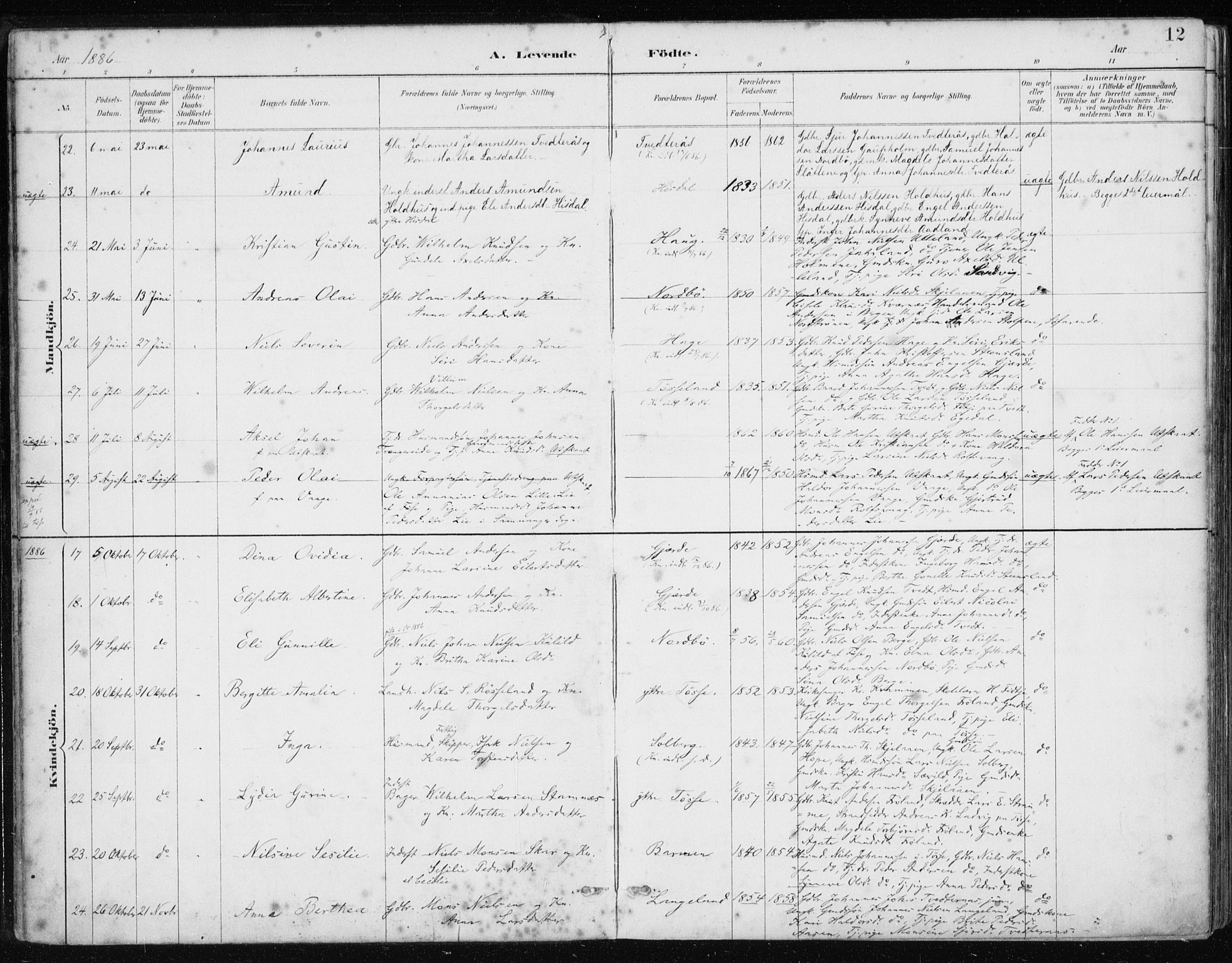 Samnanger Sokneprestembete, AV/SAB-A-77501/H/Haa: Parish register (official) no. A 1, 1885-1901, p. 12