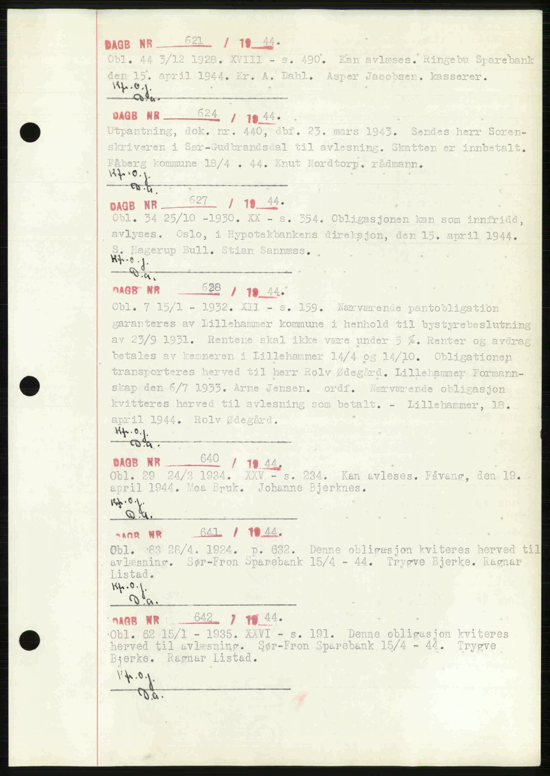 Sør-Gudbrandsdal tingrett, SAH/TING-004/H/Hb/Hbf/L0002: Mortgage book no. C1, 1938-1951, Diary no: : 621/1944