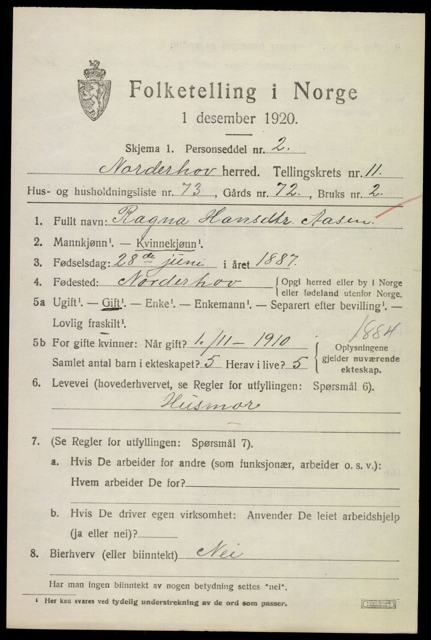 SAKO, 1920 census for Norderhov, 1920, p. 13610