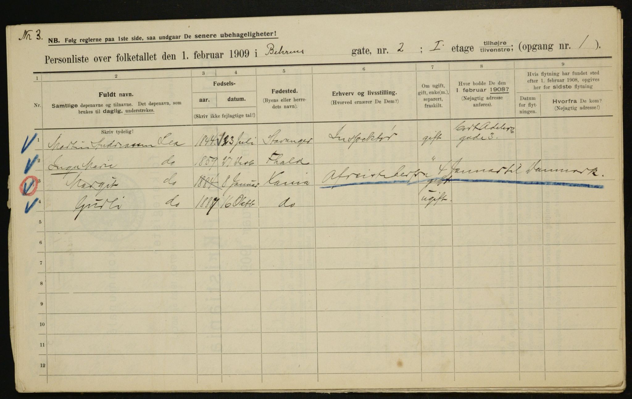 OBA, Municipal Census 1909 for Kristiania, 1909, p. 3130