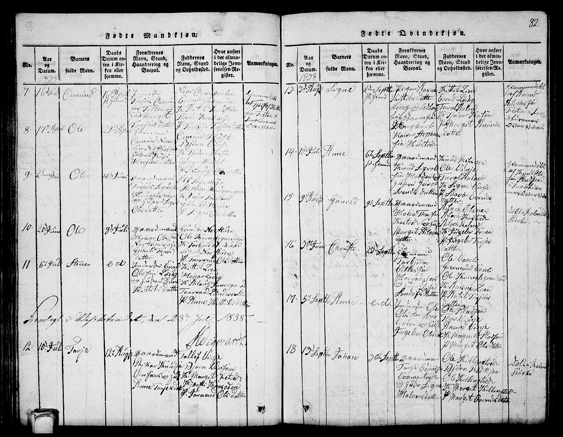 Vinje kirkebøker, SAKO/A-312/G/Ga/L0001: Parish register (copy) no. I 1, 1814-1843, p. 82