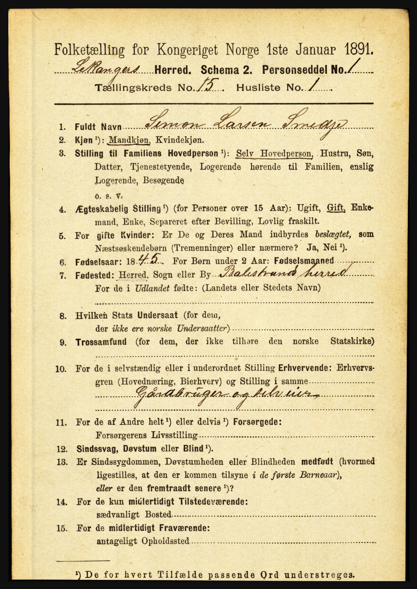 RA, 1891 census for 1419 Leikanger, 1891, p. 2843