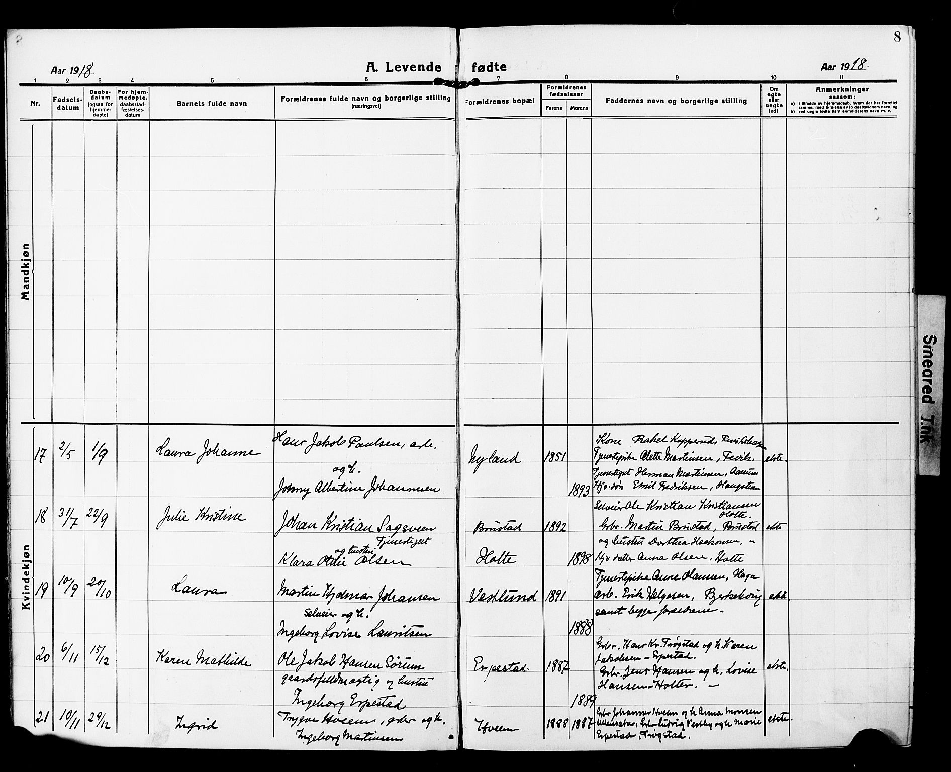 Nannestad prestekontor Kirkebøker, AV/SAO-A-10414a/G/Gb/L0002: Parish register (copy) no. II 2, 1918-1929, p. 8