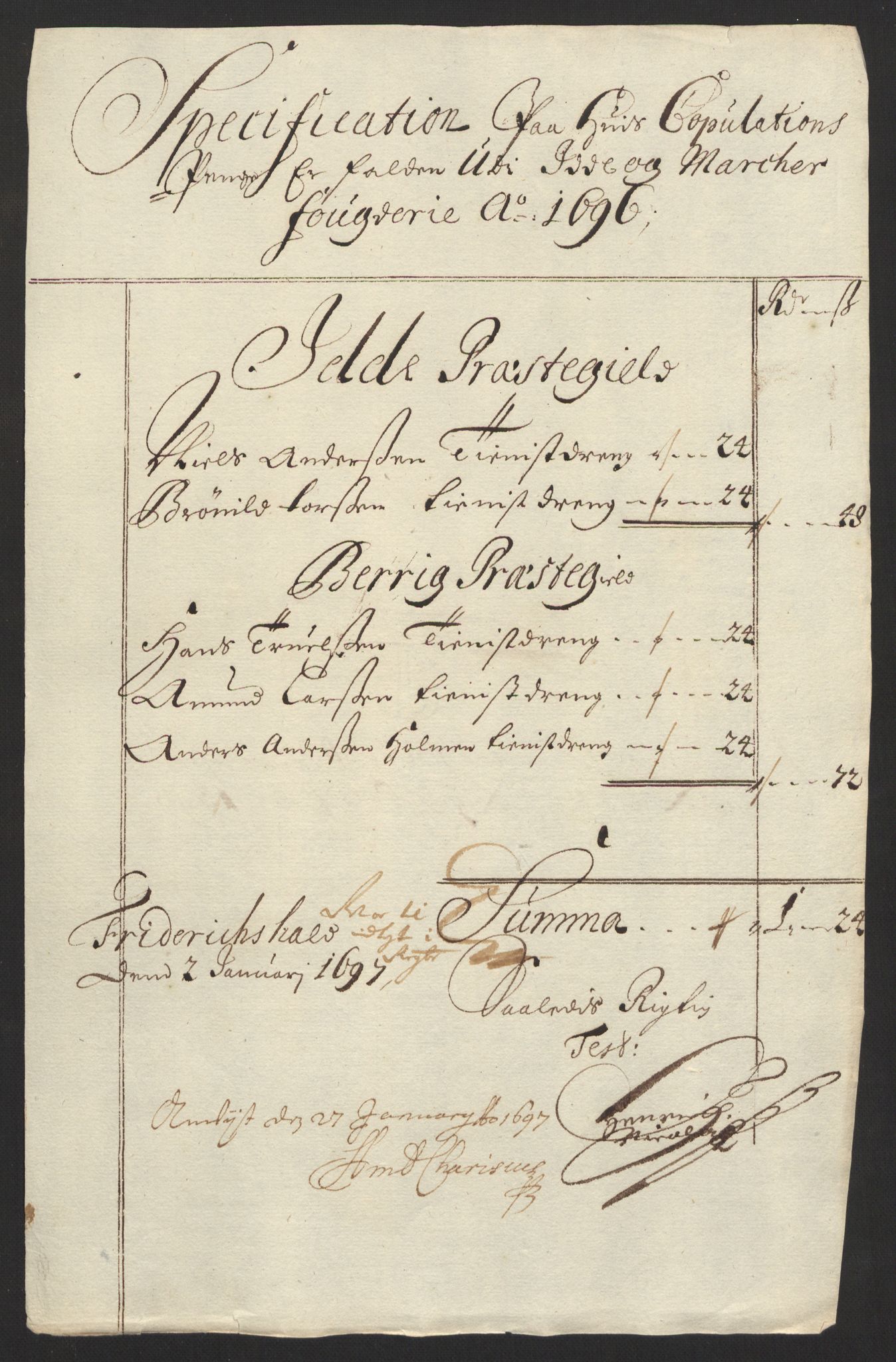 Rentekammeret inntil 1814, Reviderte regnskaper, Fogderegnskap, AV/RA-EA-4092/R01/L0013: Fogderegnskap Idd og Marker, 1696-1698, p. 134