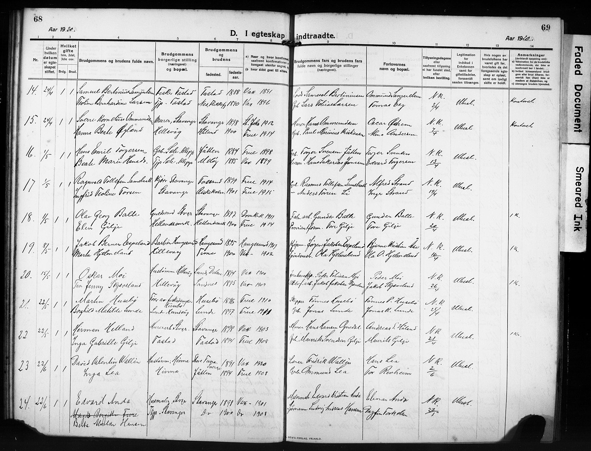 Hetland sokneprestkontor, SAST/A-101826/30/30BB/L0009: Parish register (copy) no. B 9, 1910-1931, p. 68-69