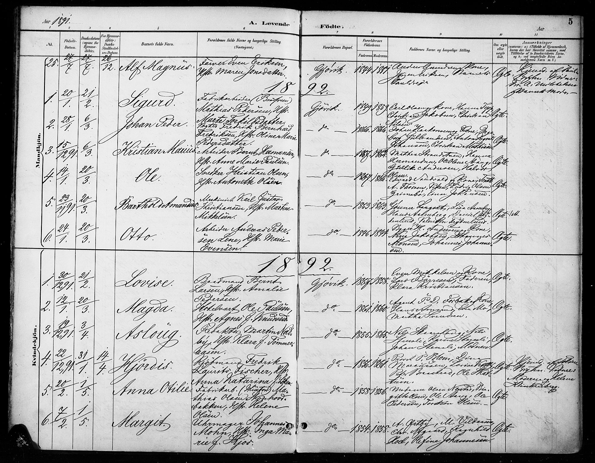 Vardal prestekontor, SAH/PREST-100/H/Ha/Haa/L0011: Parish register (official) no. 11, 1891-1901, p. 5
