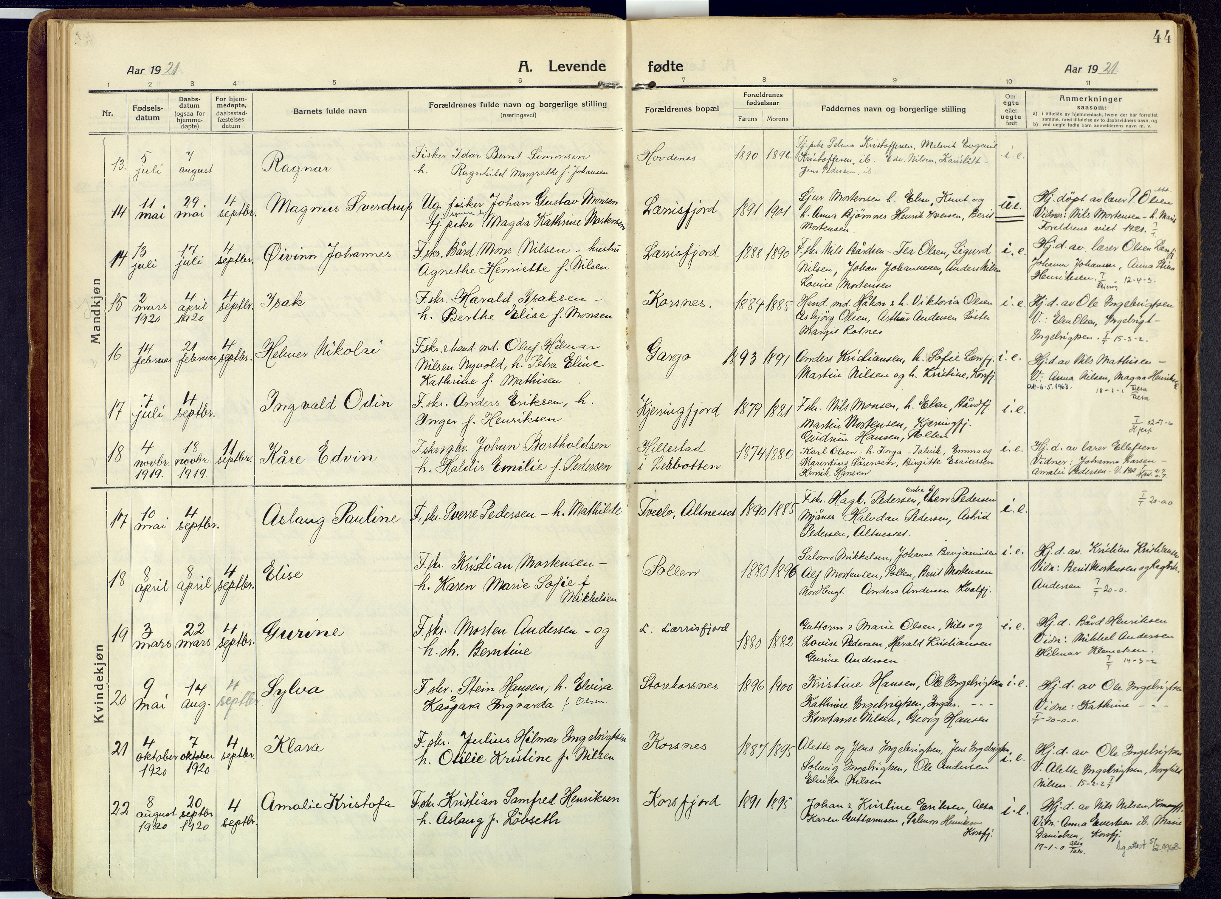 Talvik sokneprestkontor, SATØ/S-1337/H/Ha/L0018kirke: Parish register (official) no. 18, 1915-1924, p. 44