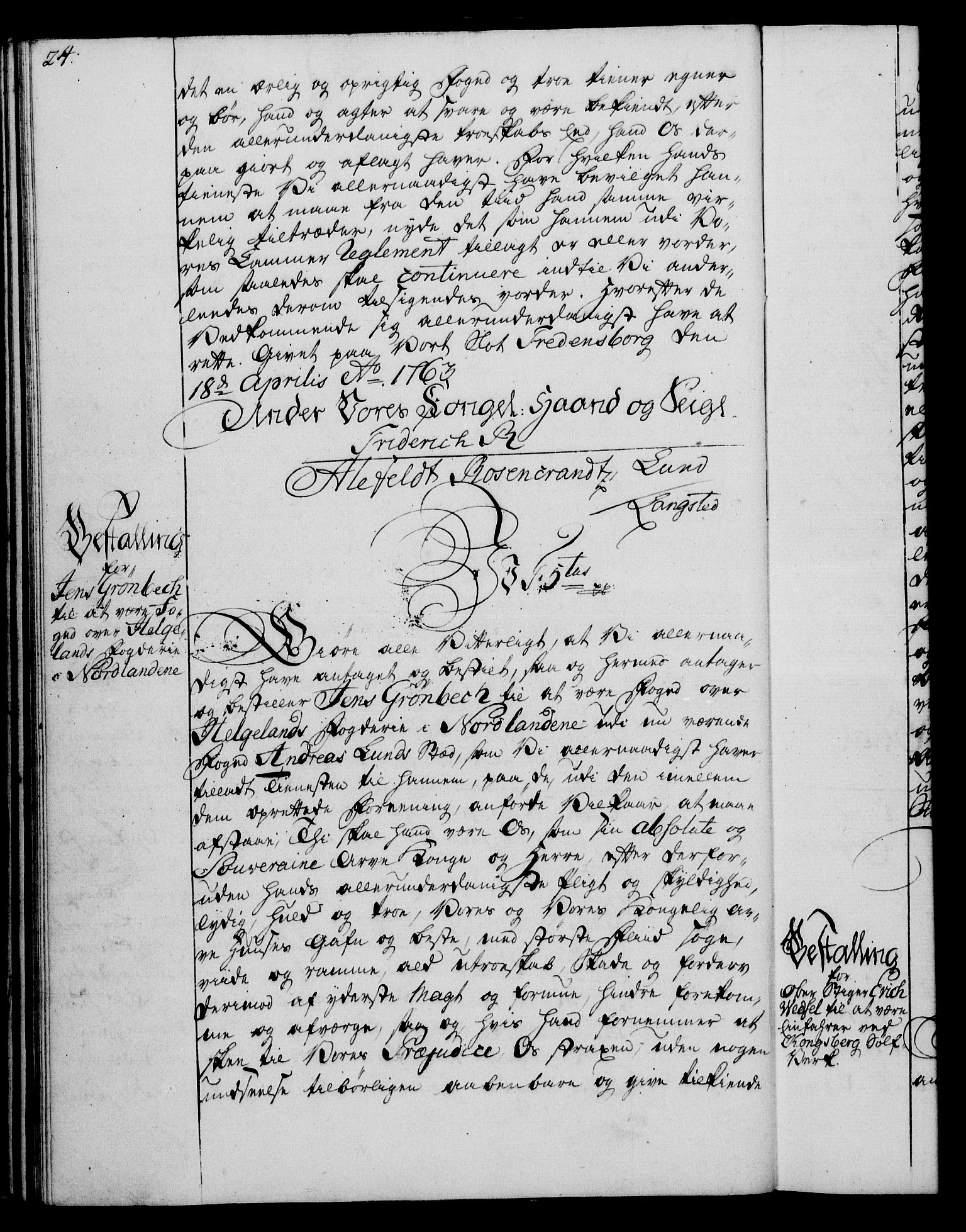 Rentekammeret, Kammerkanselliet, RA/EA-3111/G/Gg/Gge/L0004: Norsk bestallingsprotokoll med register (merket RK 53.28), 1762-1771, p. 24