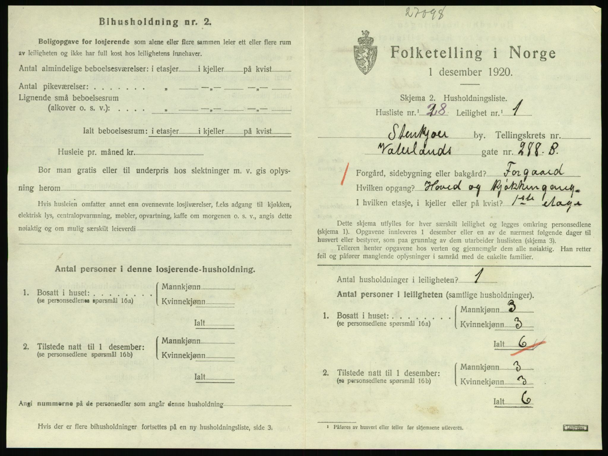 SAT, 1920 census for Steinkjer, 1920, p. 2226