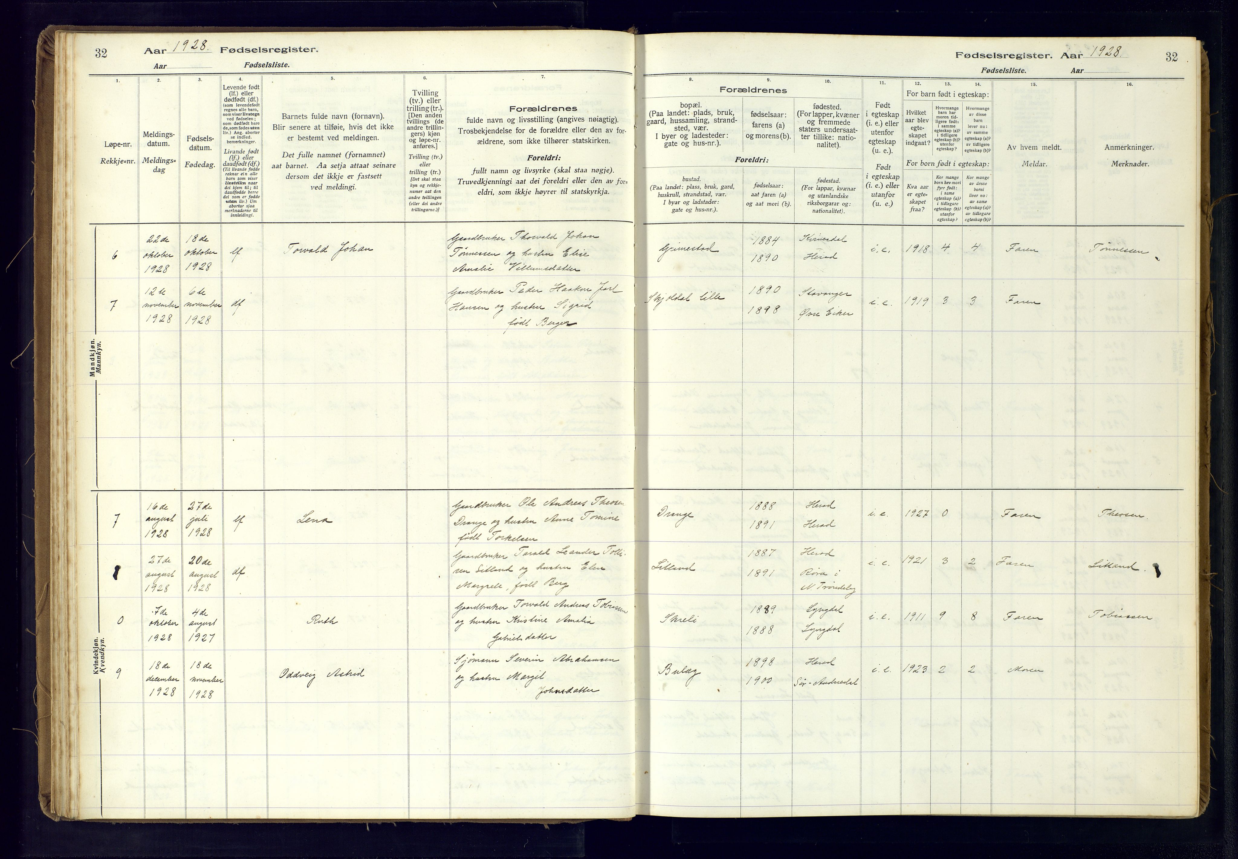 Herad sokneprestkontor, AV/SAK-1111-0018/J/Ja/L0001: Birth register no. A-VI-12, 1916-1981, p. 32