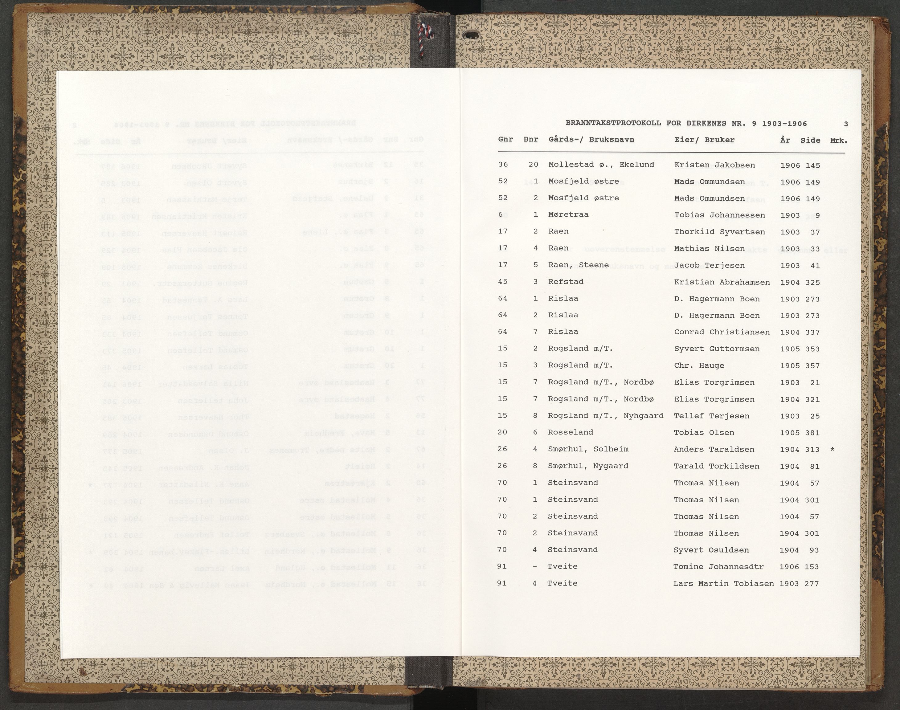 Norges Brannkasse Birkenes, AV/SAK-2241-0005/F/Fa/L0009: Branntakstprotokoll nr. 9 med gårdsnavnregister, 1903-1906