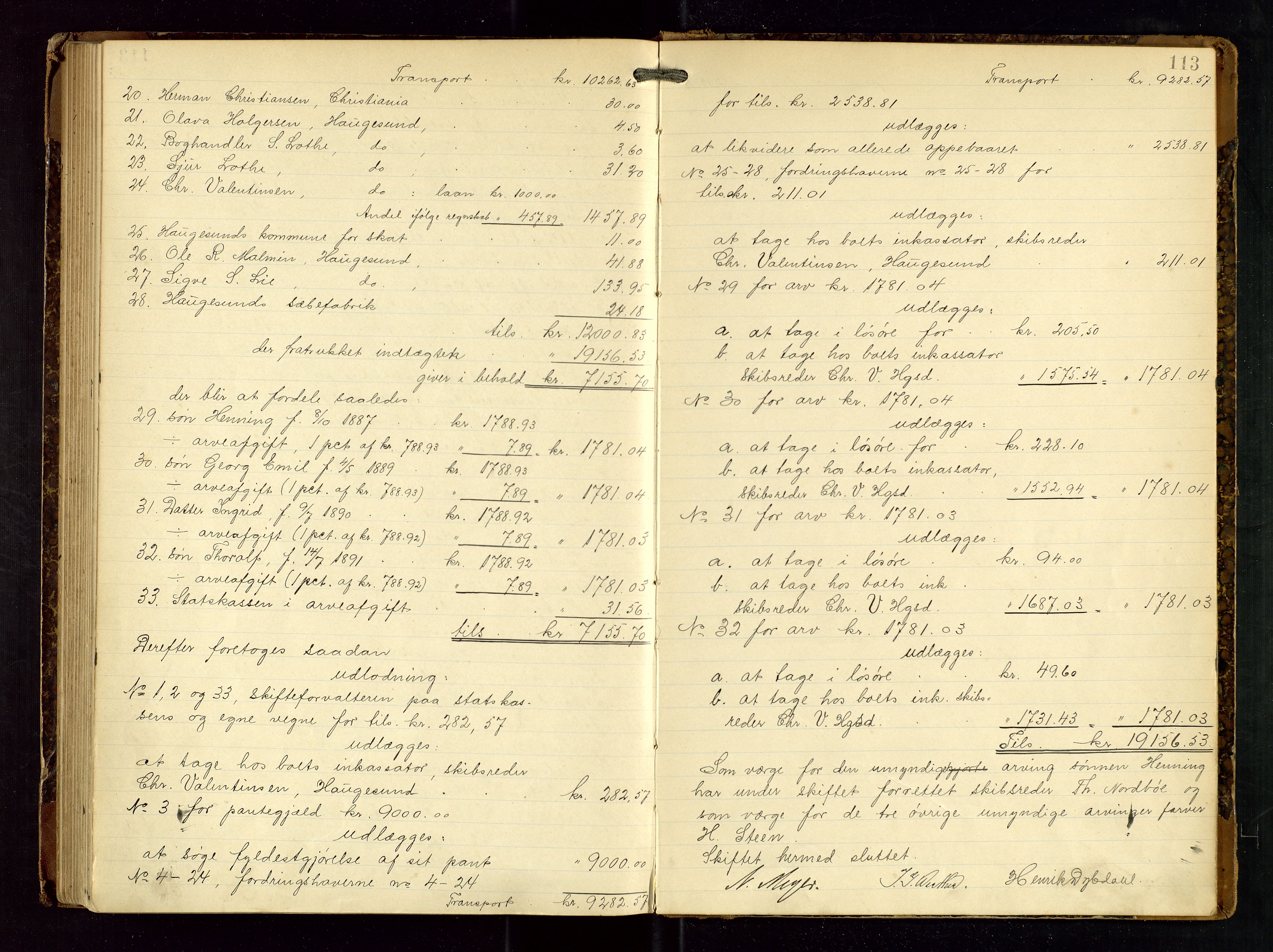 Haugesund tingrett, AV/SAST-A-101415/01/IV/IVD/L0001: Skifteutlodningsprotokoll, med register, 1897-1904, p. 112b-113a