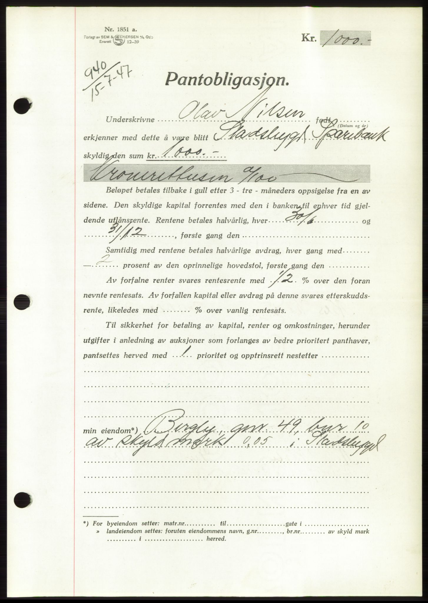 Fosen sorenskriveri, AV/SAT-A-1107/1/2/2C: Mortgage book no. B, 1946-1948, Diary no: : 940/1947