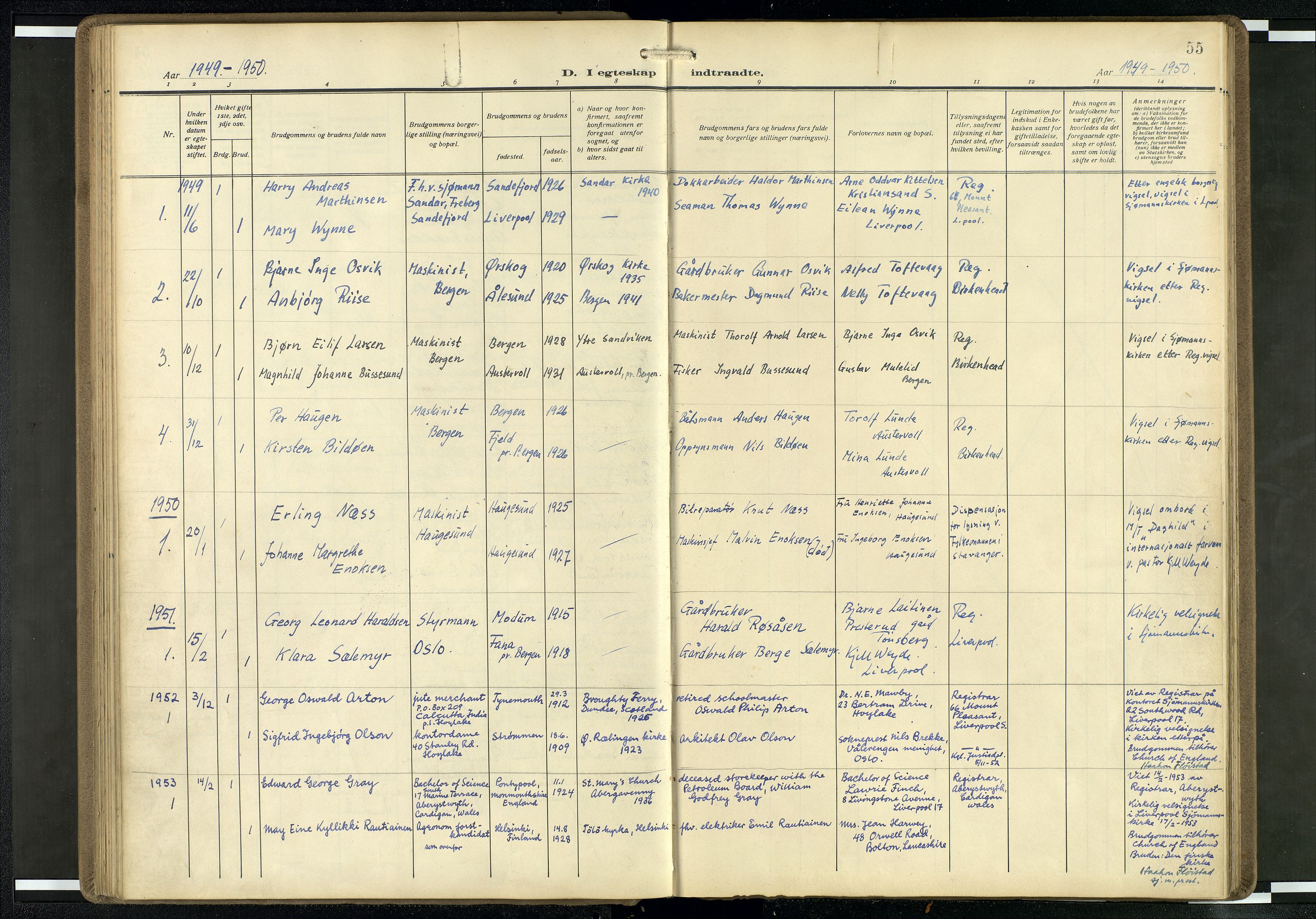 Den norske sjømannsmisjon i utlandet/Mersey-havnene (Liverpool), SAB/SAB/PA-0104/H/Ha/L0001: Parish register (official) no. A 1, 1919-1954, p. 54b-55a