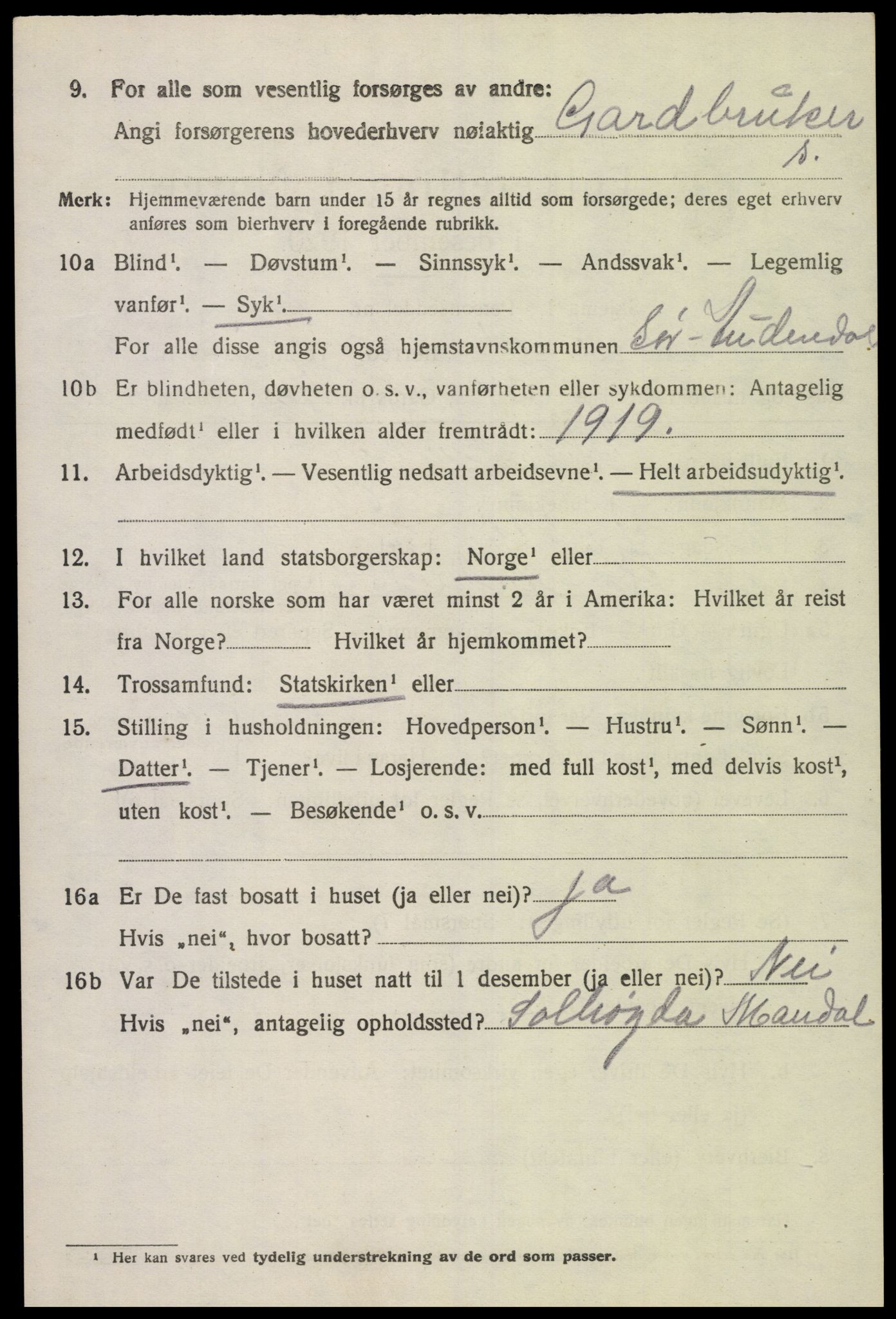 SAK, 1920 census for Sør-Audnedal, 1920, p. 3682