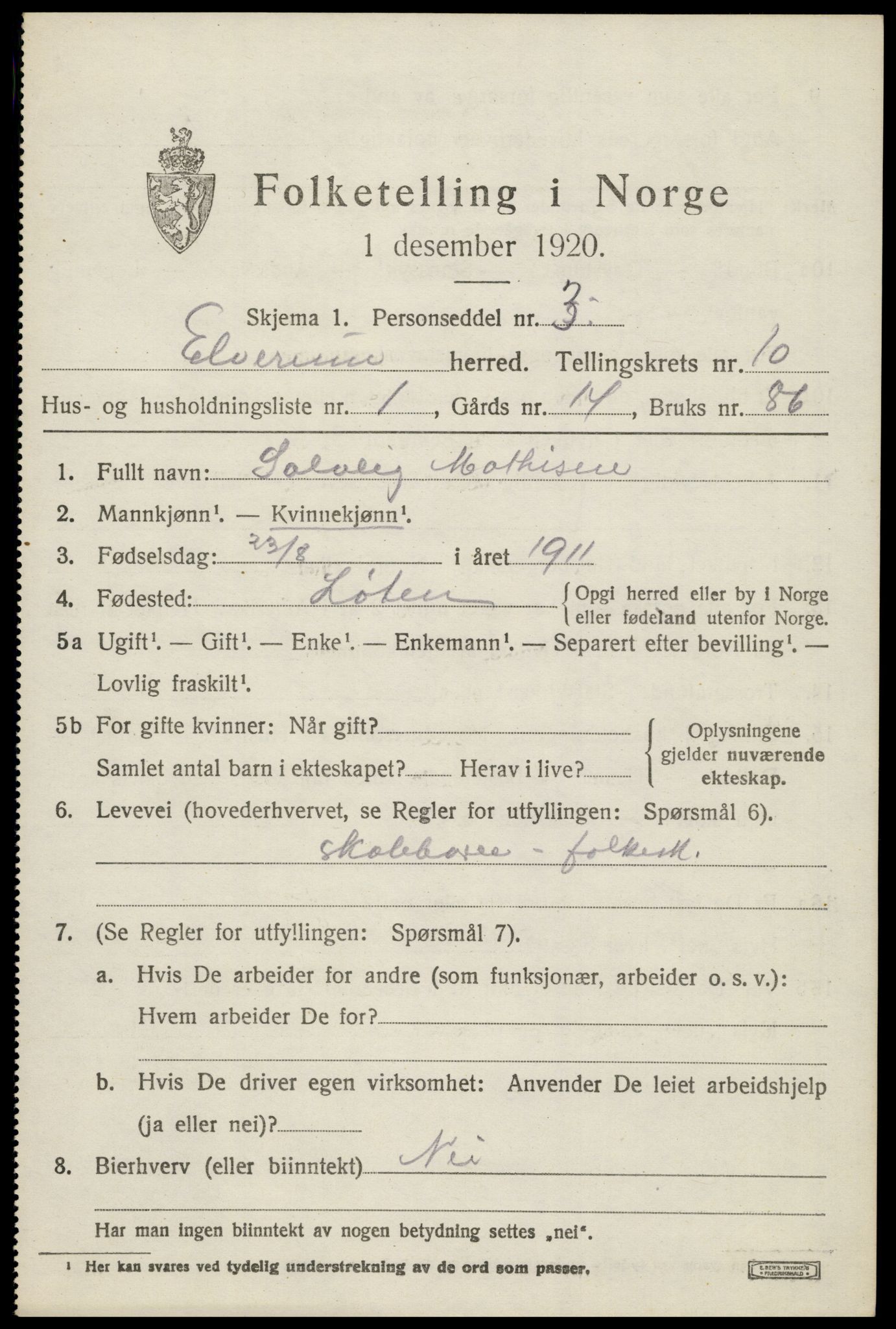 SAH, 1920 census for Elverum, 1920, p. 15838