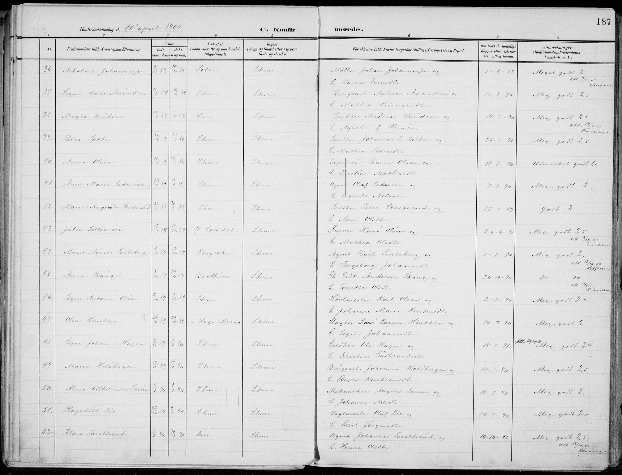 Lillehammer prestekontor, SAH/PREST-088/H/Ha/Haa/L0001: Parish register (official) no. 1, 1901-1916, p. 187