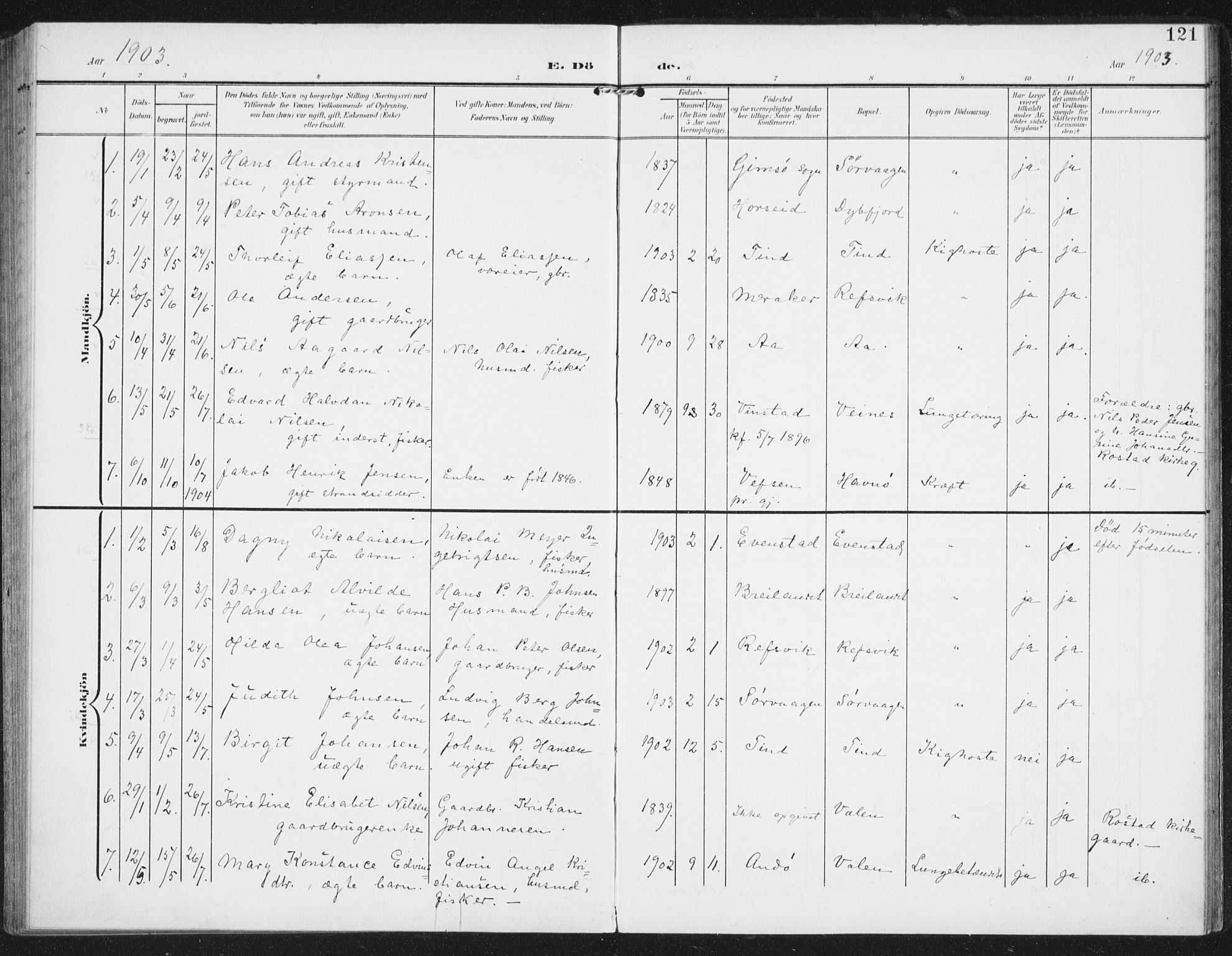Ministerialprotokoller, klokkerbøker og fødselsregistre - Nordland, SAT/A-1459/886/L1221: Parish register (official) no. 886A03, 1903-1913, p. 121