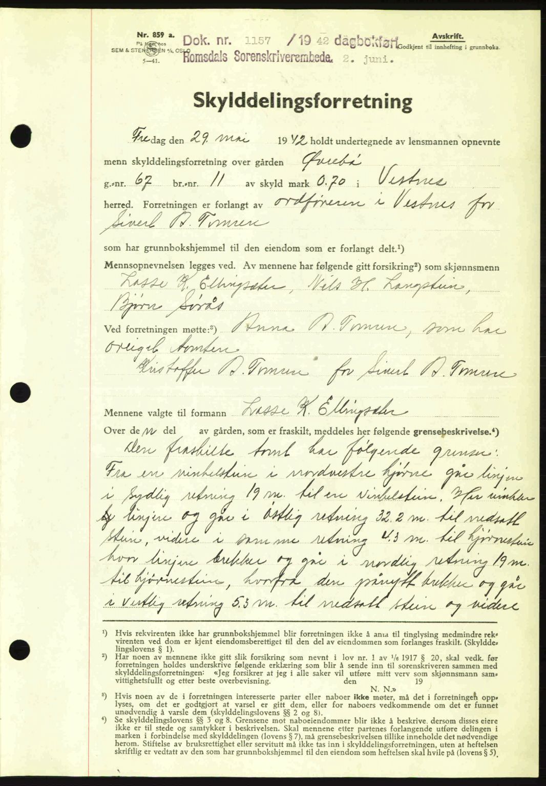 Romsdal sorenskriveri, AV/SAT-A-4149/1/2/2C: Mortgage book no. A12, 1942-1942, Diary no: : 1157/1942