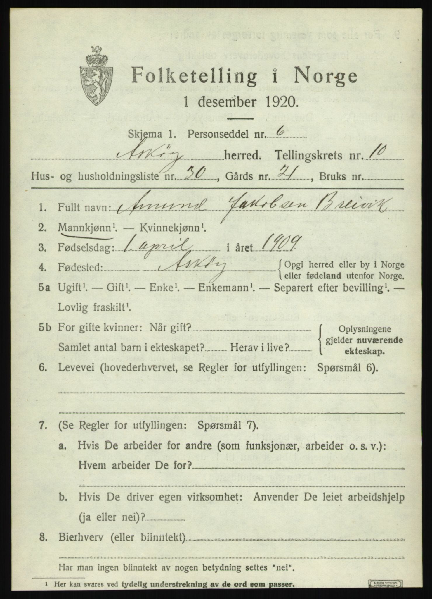 SAB, 1920 census for Askøy, 1920, p. 13178